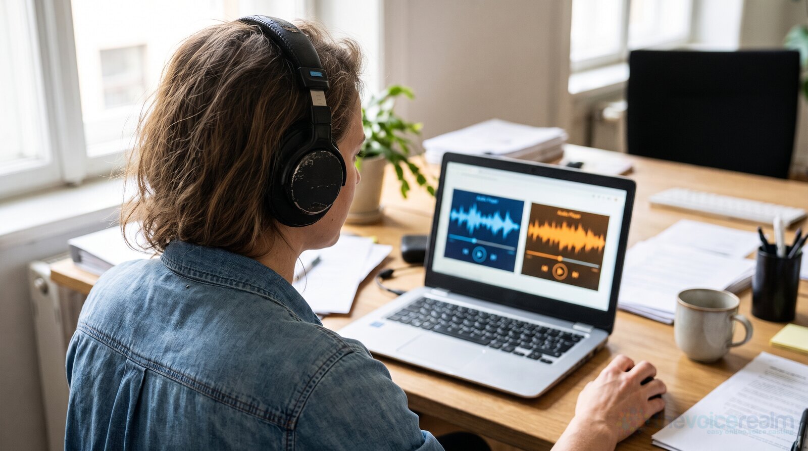 A casting producer in headphones comparing two voice auditions on a laptop © The Voice Realm