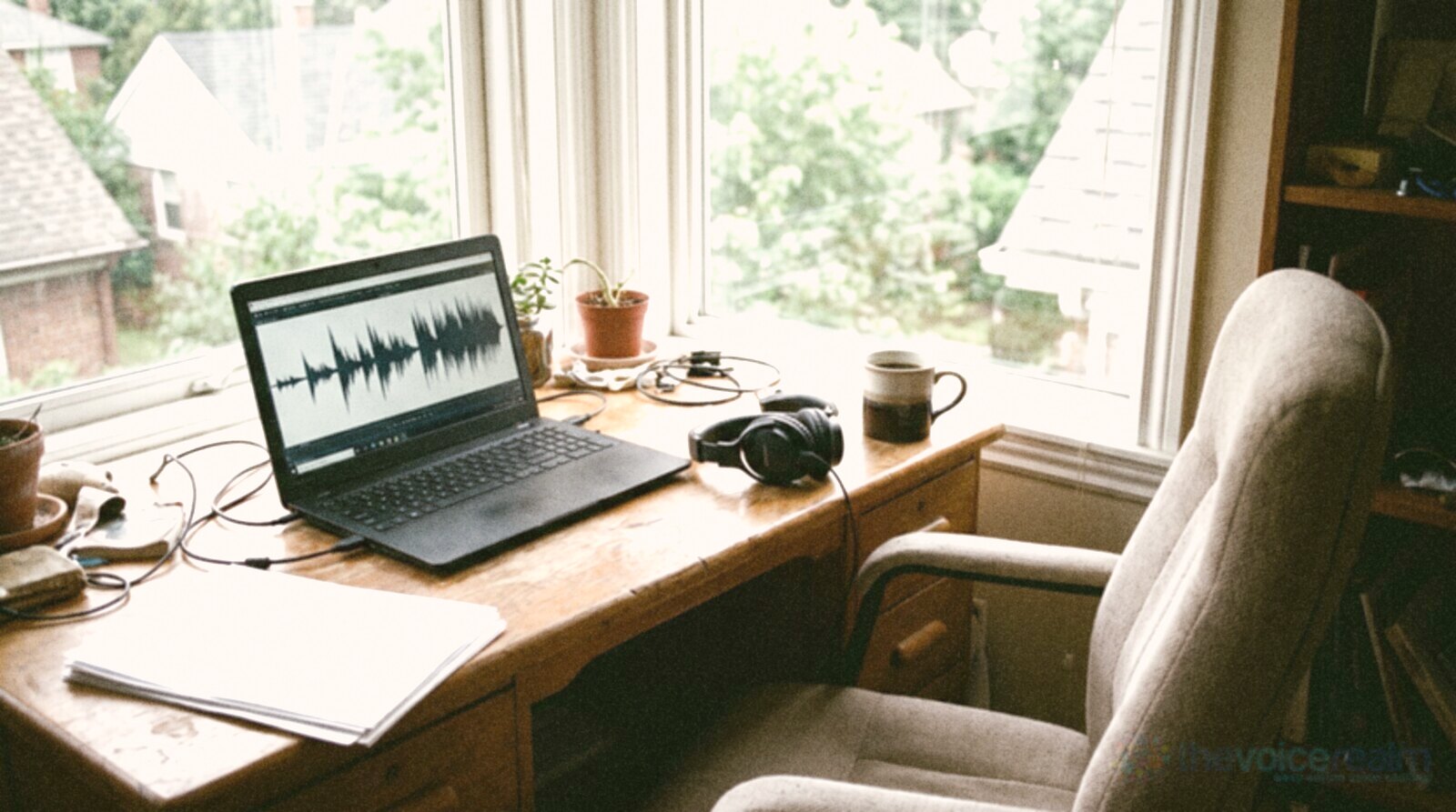 A voice actor's home recording desk by a window with a laptop, headphones and script © The Voice Realm