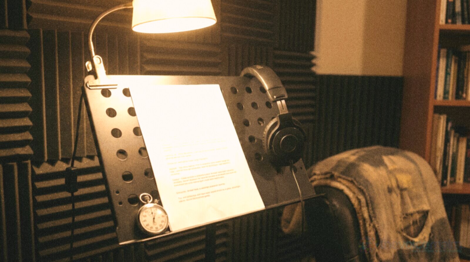 A script, headphones and a stopwatch on a music stand in a small home vocal booth © The Voice Realm