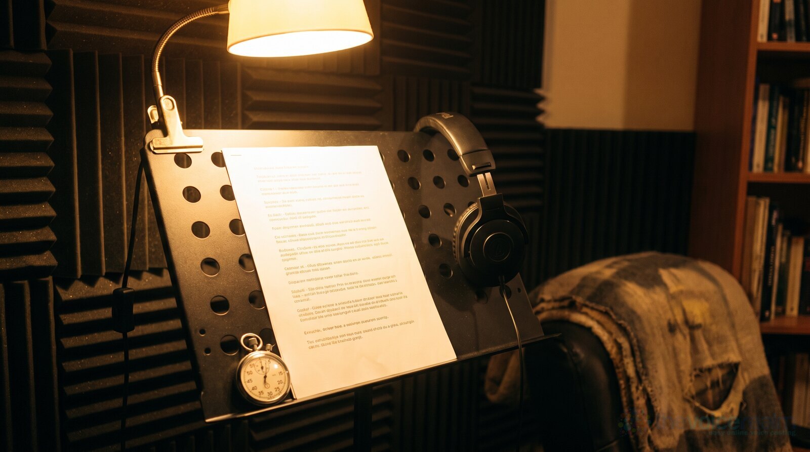 A script, headphones and a stopwatch on a music stand in a small home vocal booth © The Voice Realm