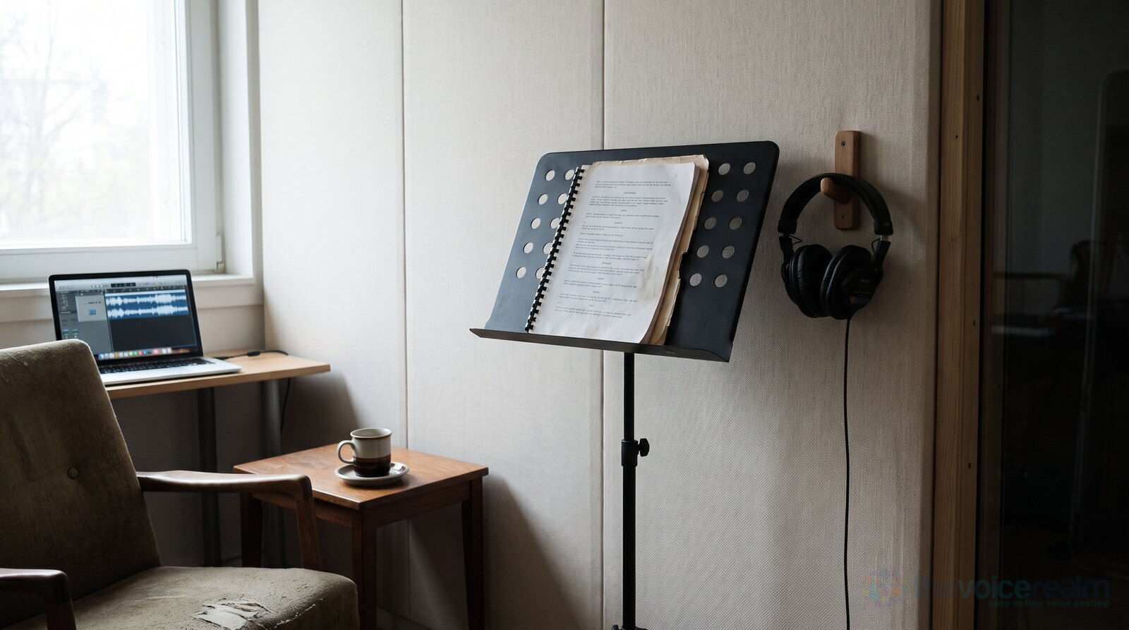 A calm home recording nook with a narration script on a music stand and headphones hanging nearby © The Voice Realm