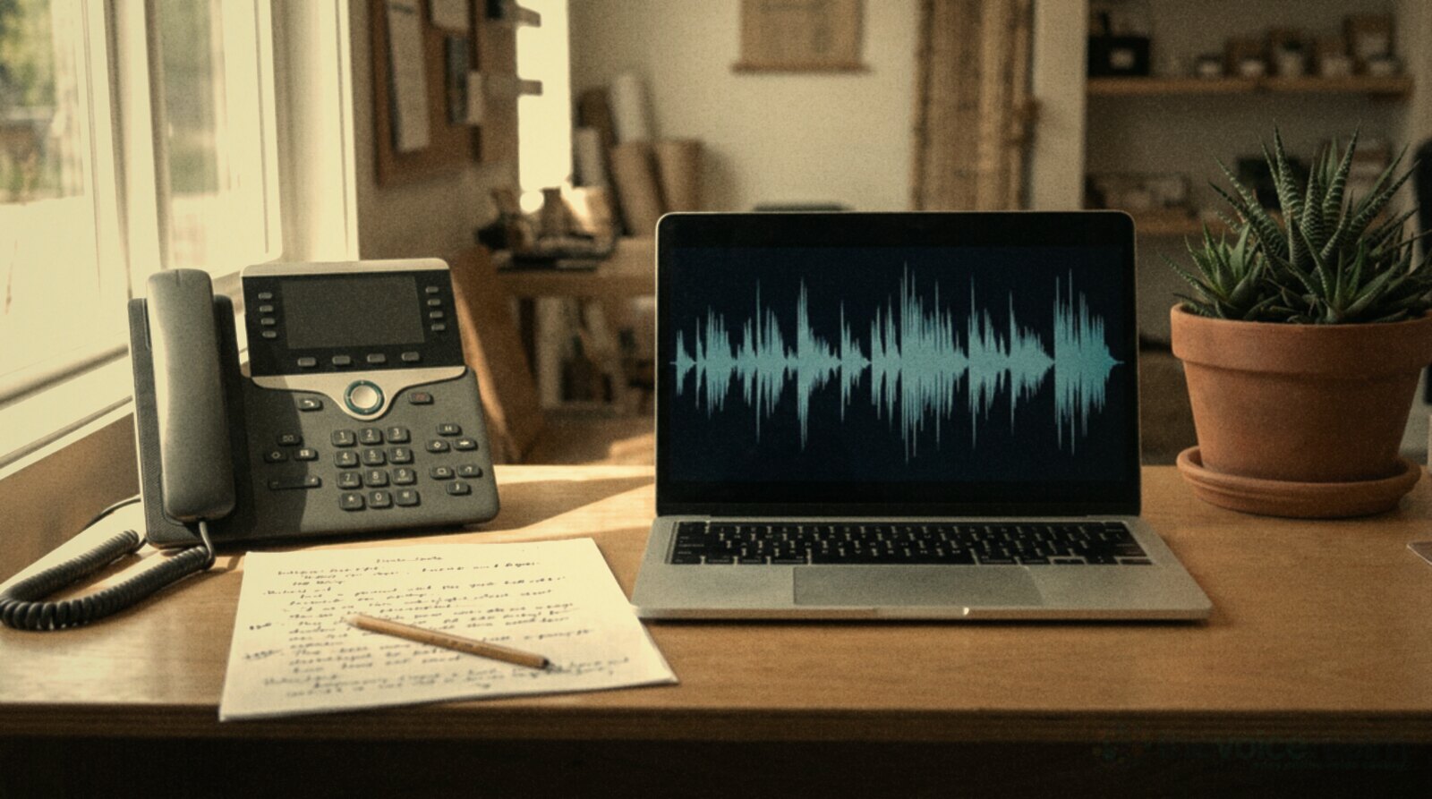 A business desk phone beside a greeting script and a laptop showing an audio waveform © The Voice Realm