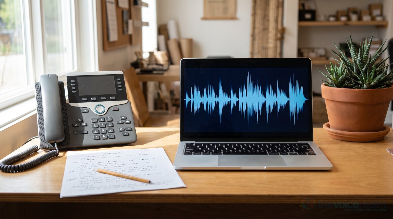 A business desk phone beside a greeting script and a laptop showing an audio waveform © The Voice Realm