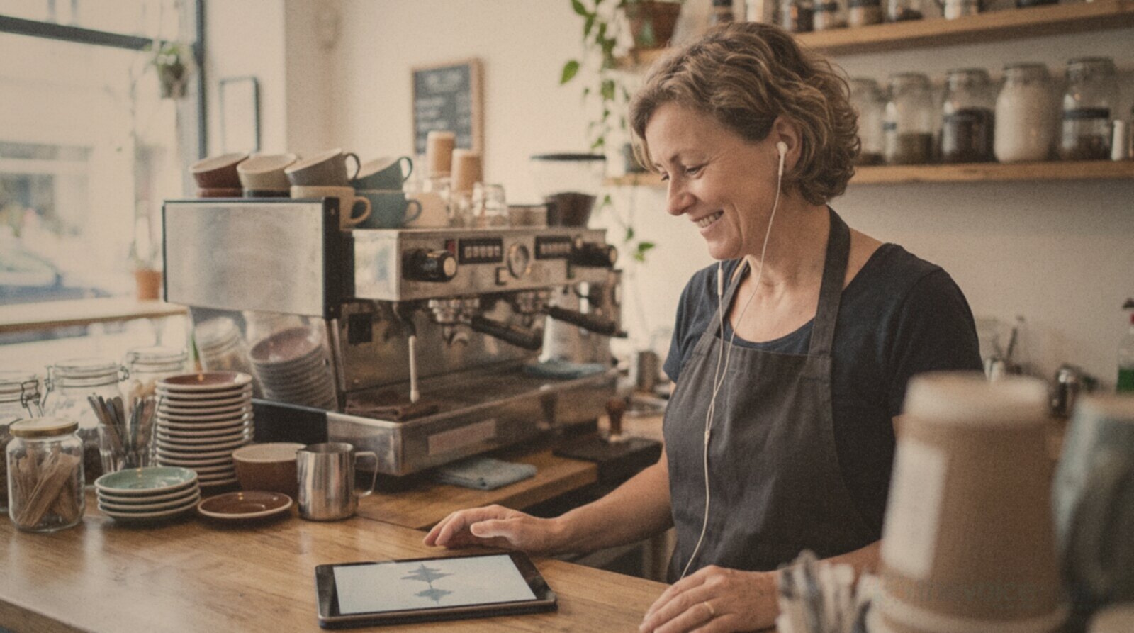 A cafe owner listening to a professional voice over for her shop's advert on a tablet © The Voice Realm