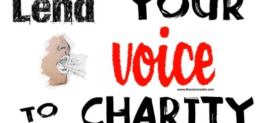 Graphic with text reading Lend YOUR voice TO CHARITY alongside a sketch of a speaking mouth.