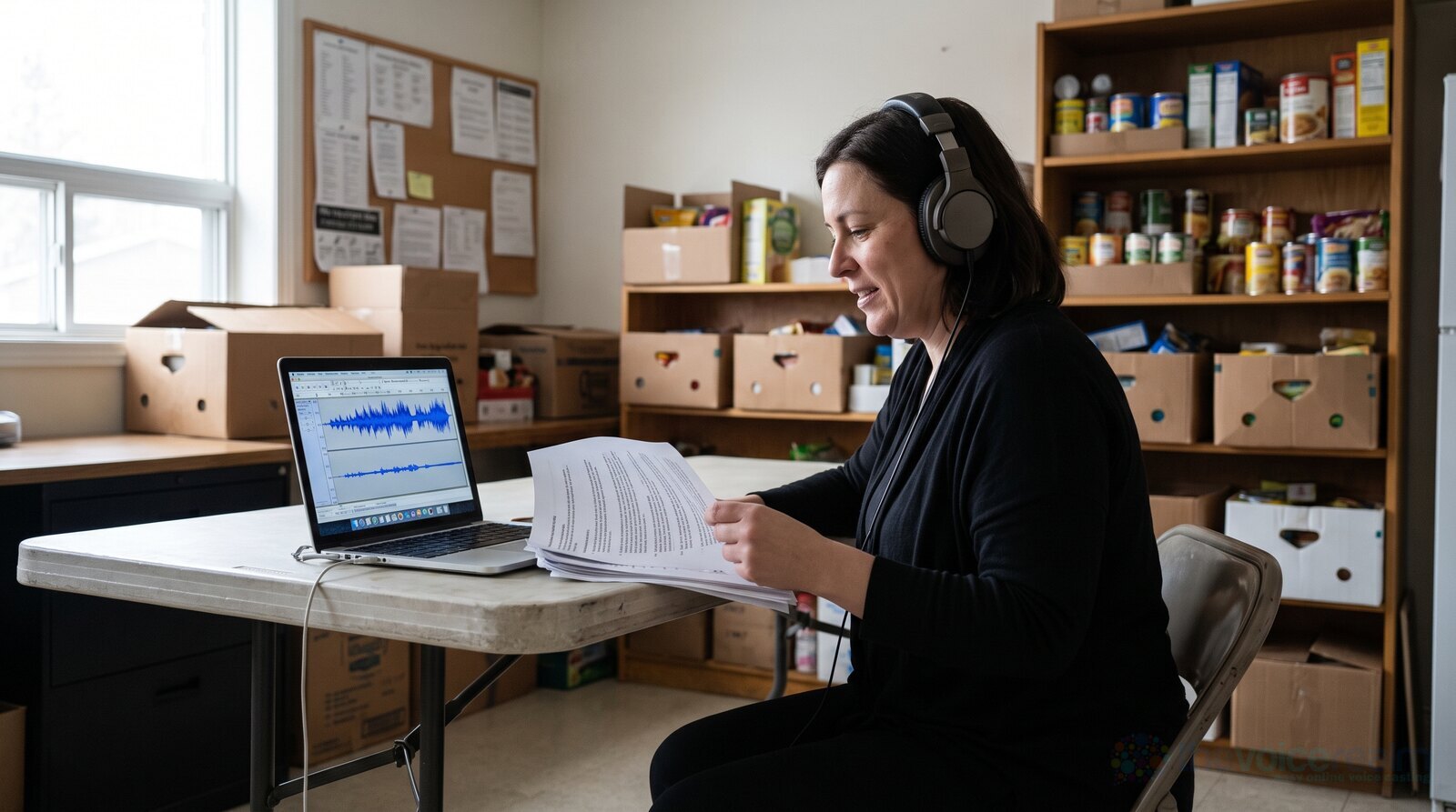 A voice actor reading a free narration for a local charity in a community centre office © The Voice Realm