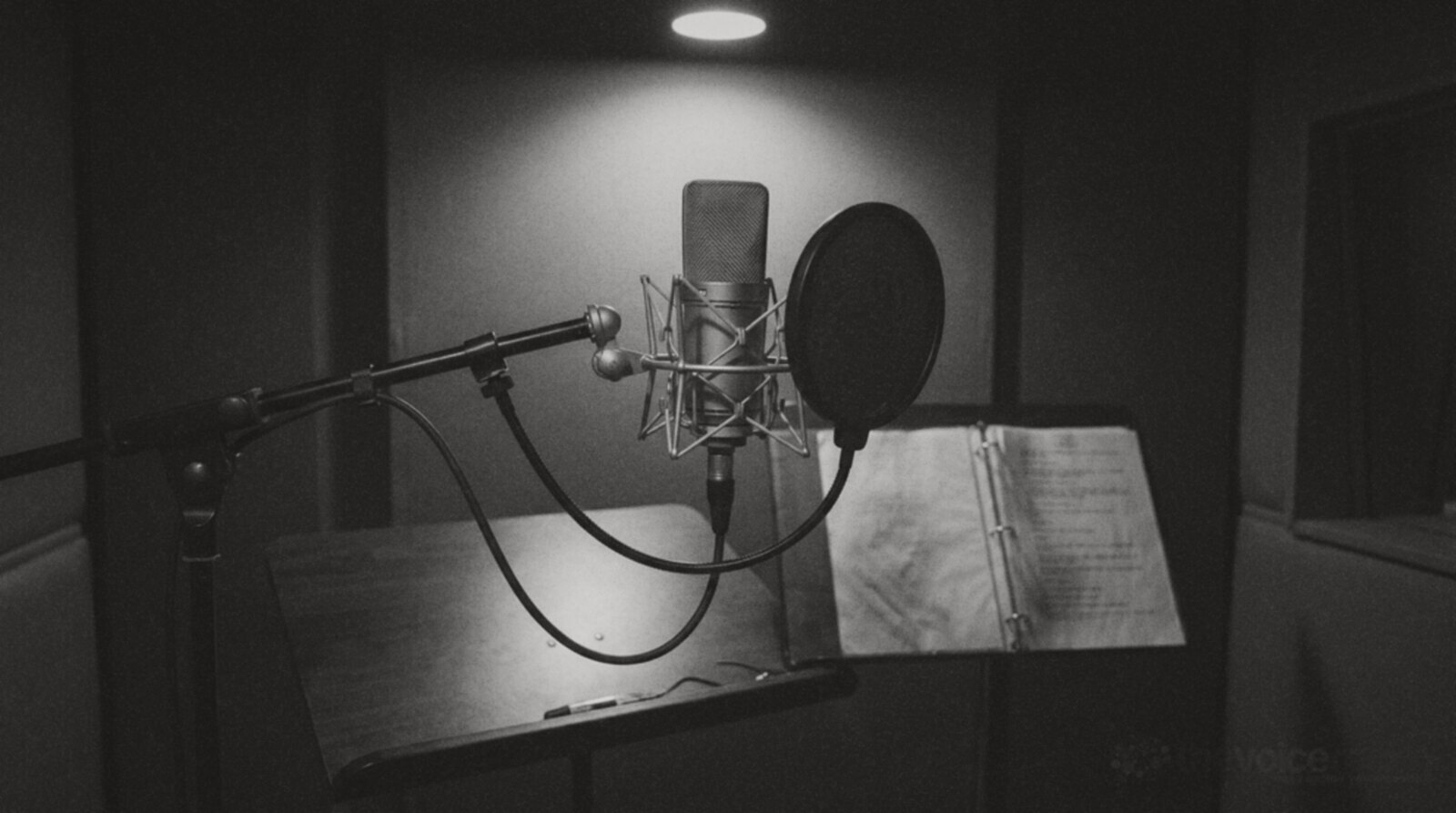 A dark, moody recording booth with a studio microphone and a script lit by a single lamp © The Voice Realm