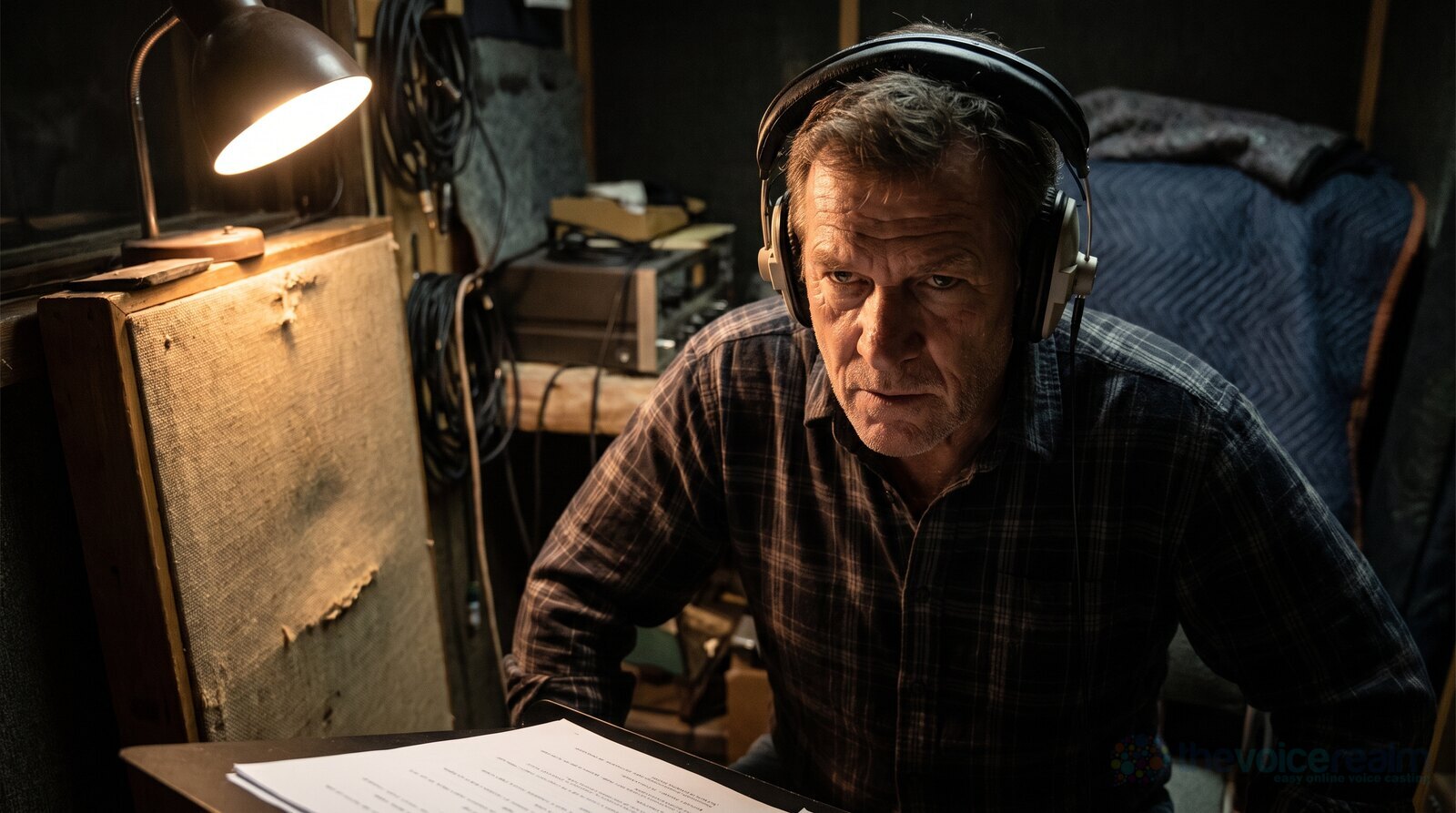 A deep-voiced trailer voice actor in headphones in a dark recording booth © The Voice Realm