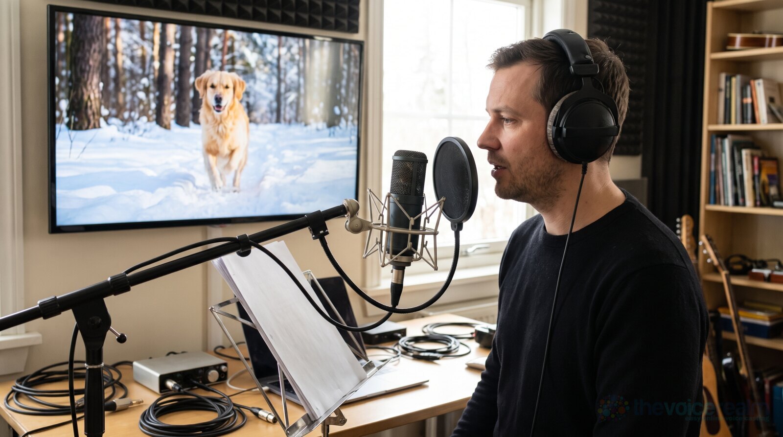 A voice actor dubbing to picture in a home studio, watching a dog run through snowy woods on screen © The Voice Realm