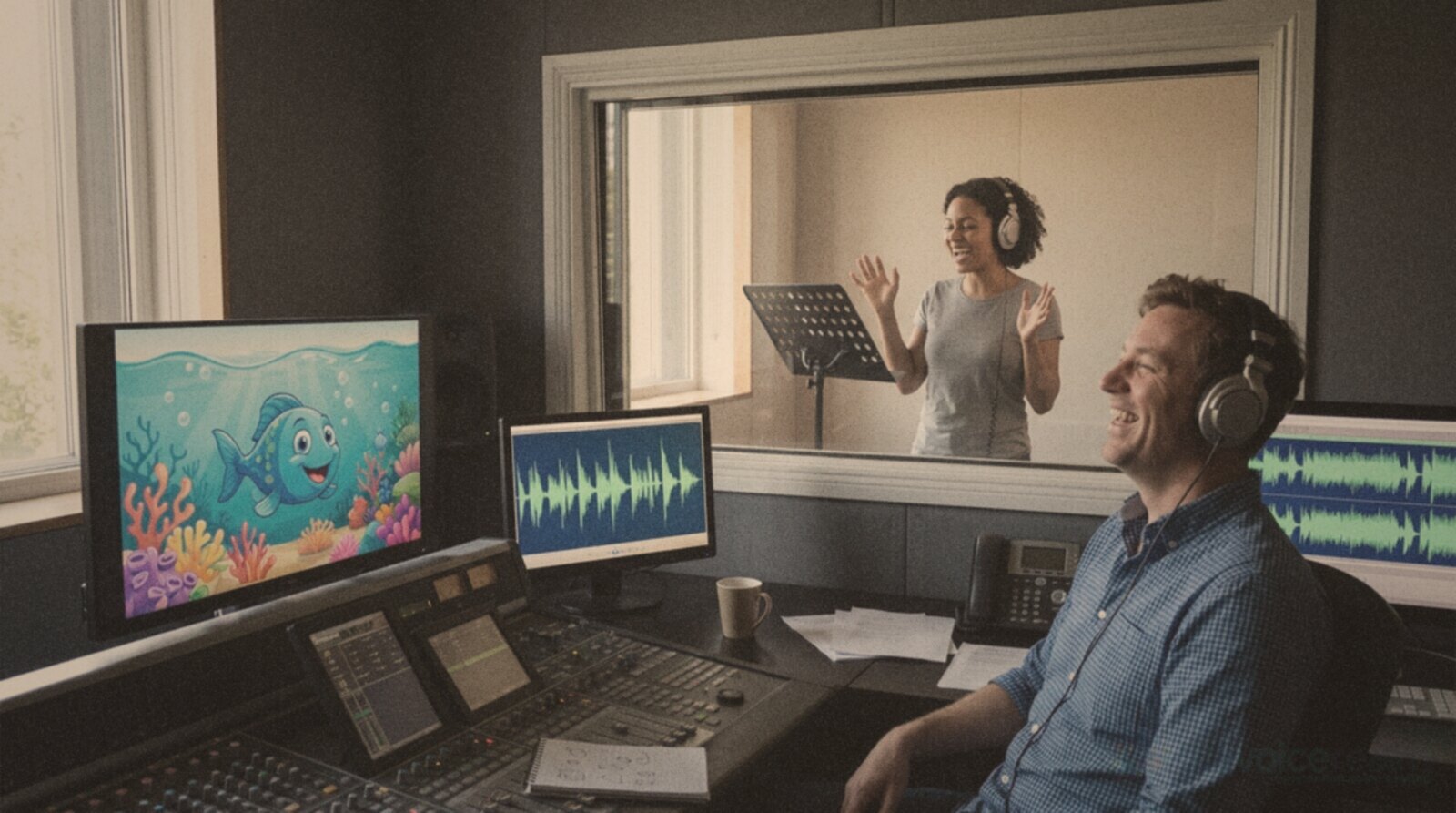 A voice actress performing a cartoon character in the booth while the director laughs in the control room © The Voice Realm