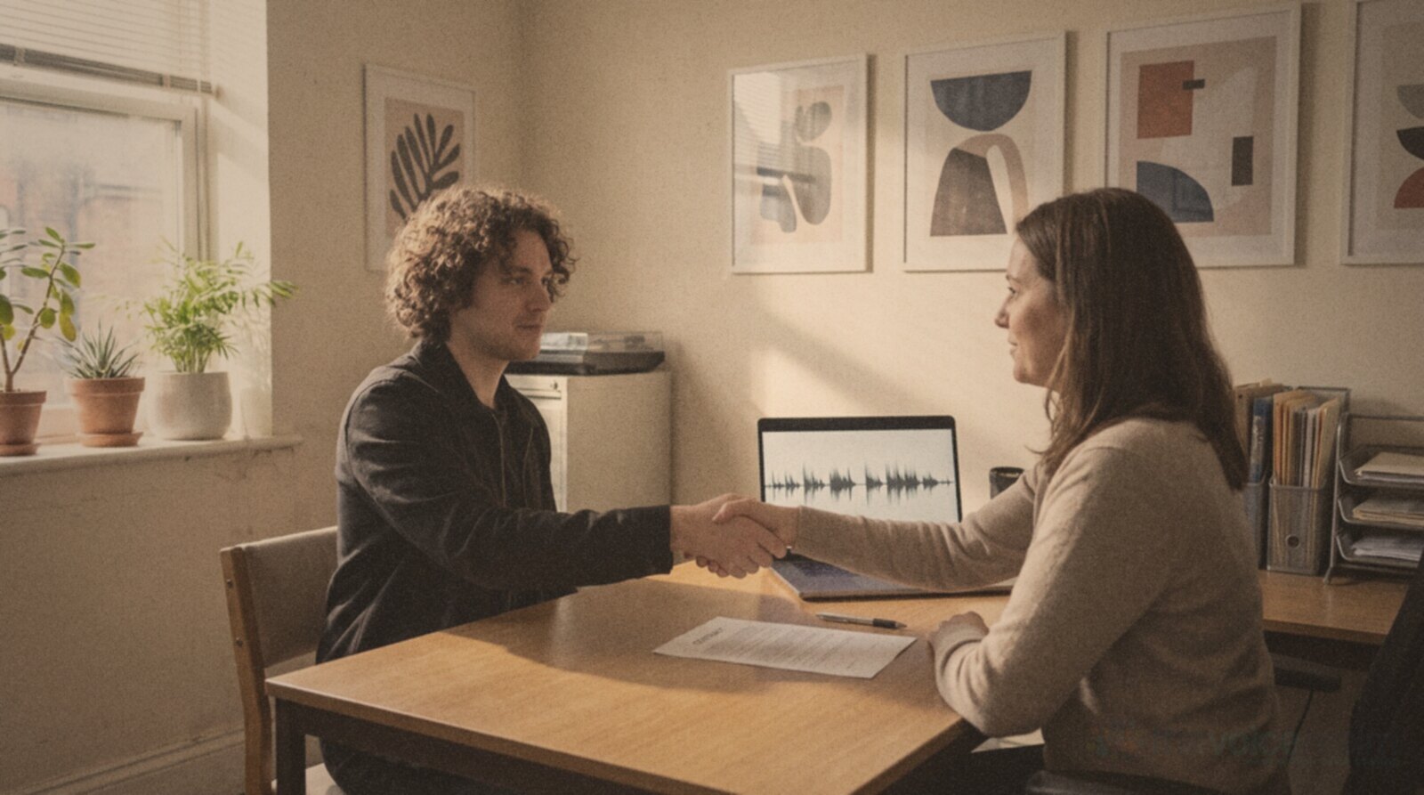A voice actor shaking hands with an agent across a desk in a bright office © The Voice Realm