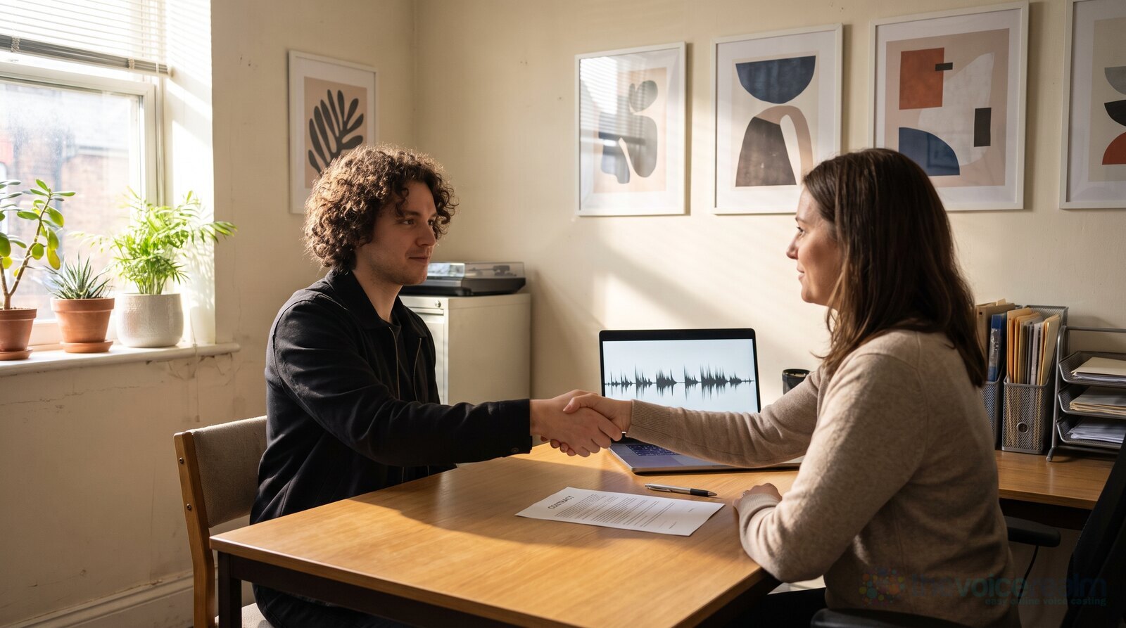 A voice actor shaking hands with an agent across a desk in a bright office © The Voice Realm