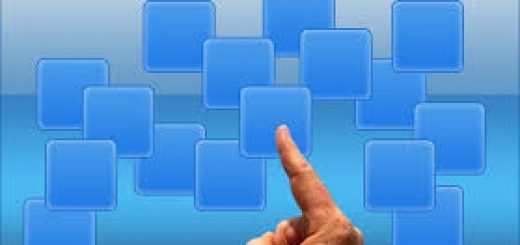 A hand points an index finger toward floating blue square buttons on a blue background.