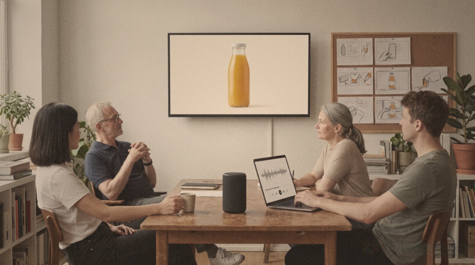 An agency team listening to voice over options for an orange juice campaign © The Voice Realm