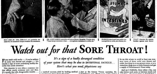 Vintage newspaper advertisement with four photo panels and headline warning about a sore throat.