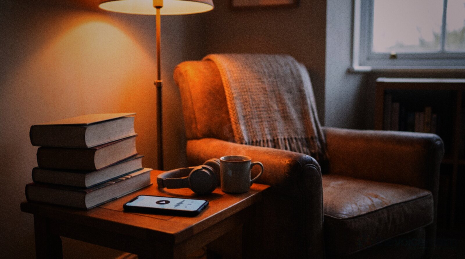 A cosy reading corner with books, headphones and a phone playing an audiobook © The Voice Realm