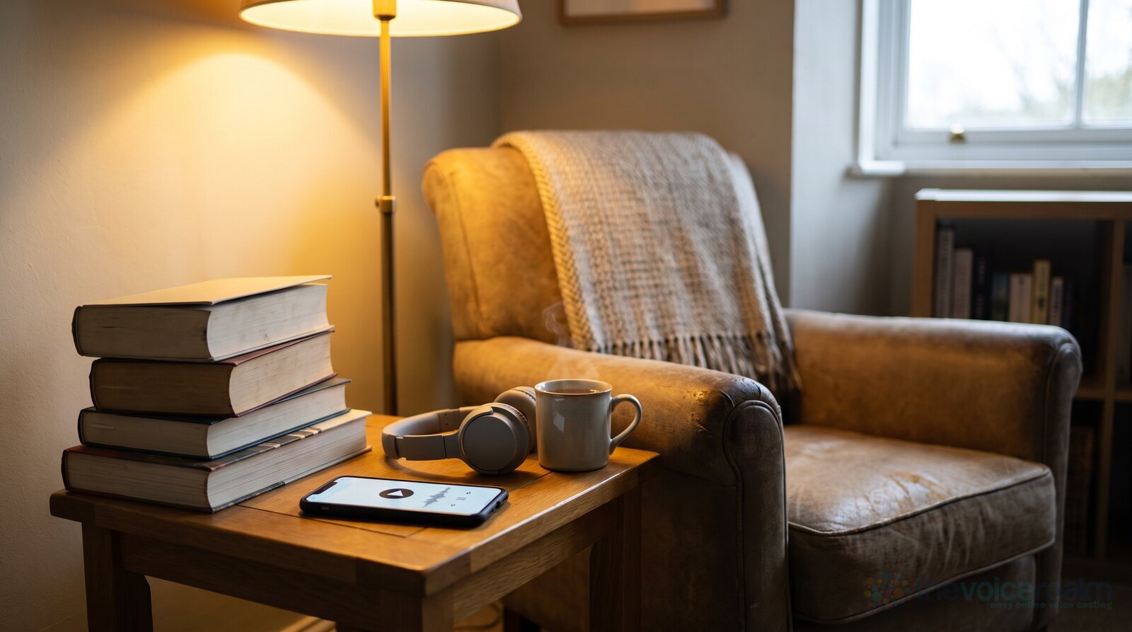 A cosy reading corner with books, headphones and a phone playing an audiobook © The Voice Realm
