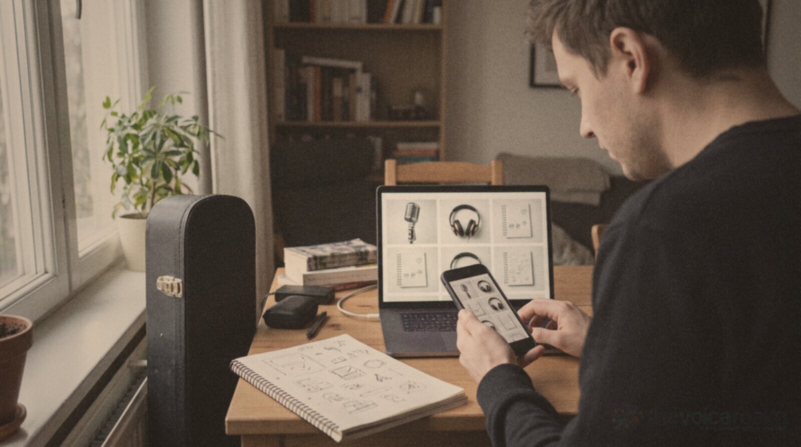 A voice actor planning social media posts on his phone and laptop © The Voice Realm