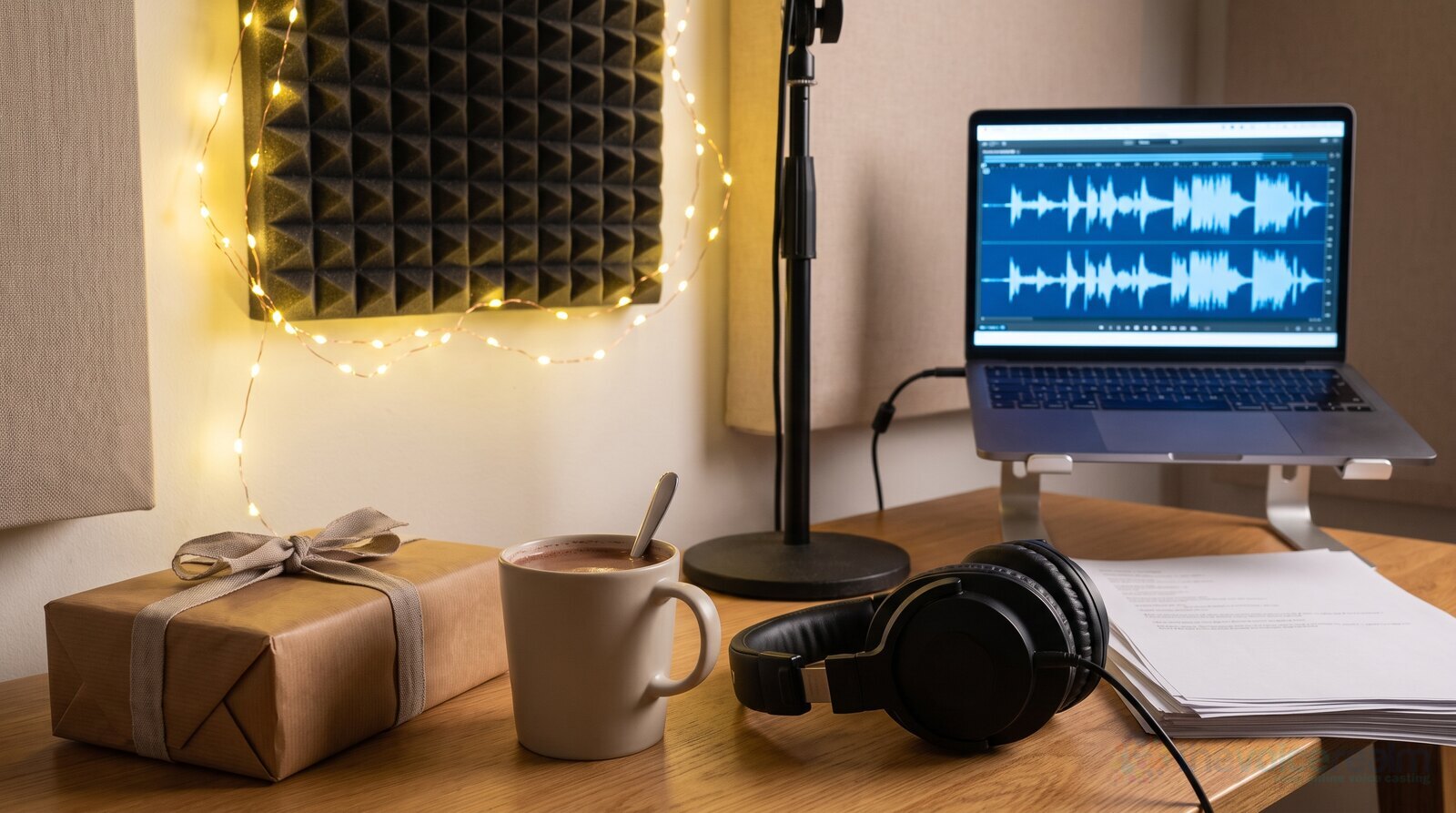 A home voice over studio desk with fairy lights, hot chocolate and a wrapped present © The Voice Realm