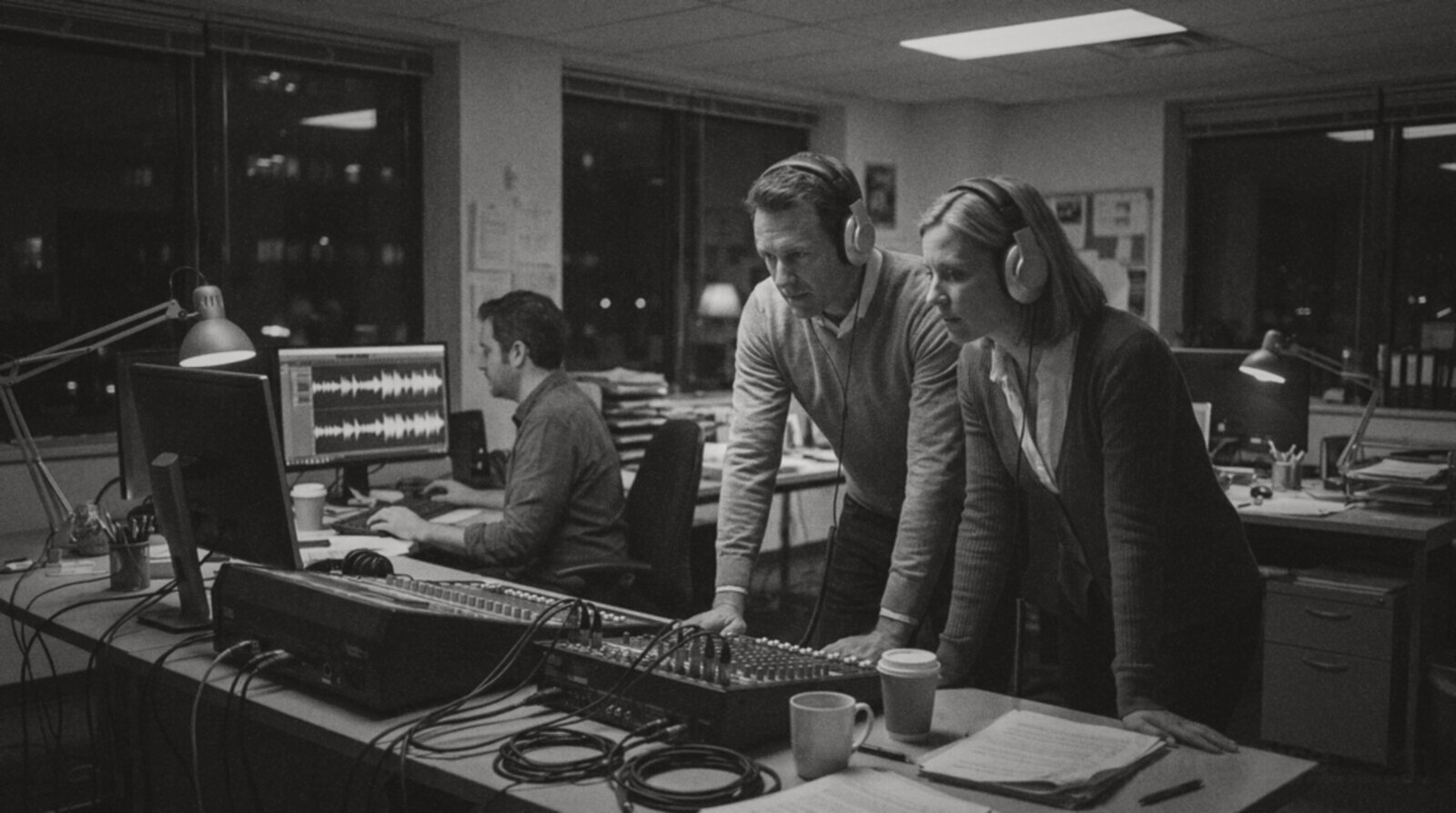 A man and a woman listening back to a campaign advert in a studio control room at night © The Voice Realm