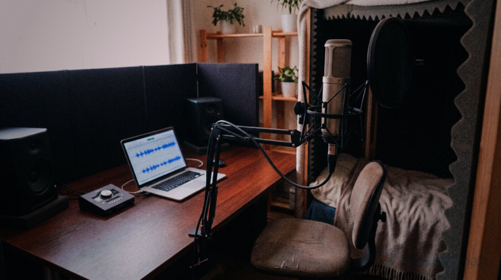 A professional home voice over studio in a converted spare room with a treated booth corner © The Voice Realm