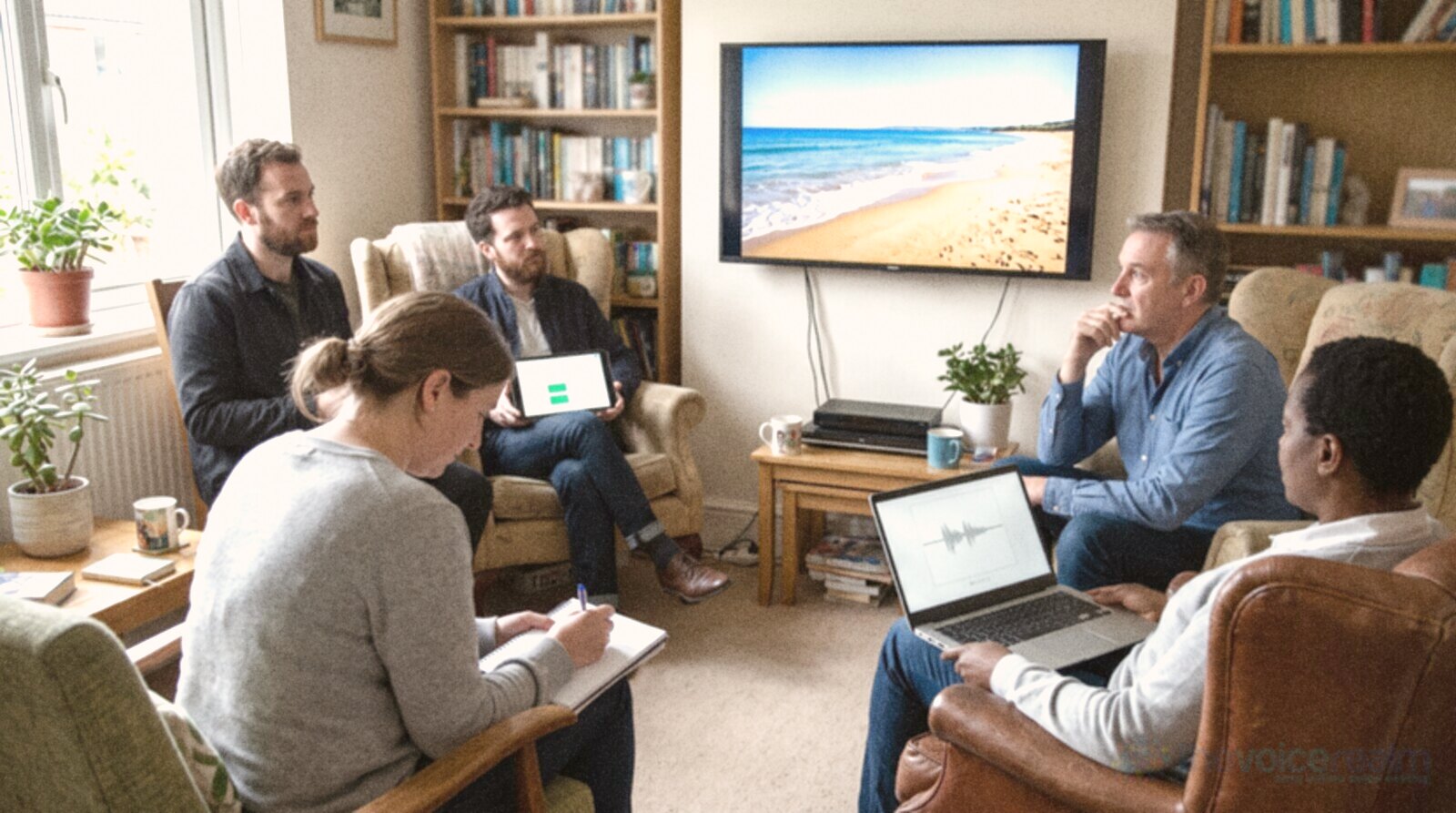 A small group watching television adverts while a researcher takes notes © The Voice Realm