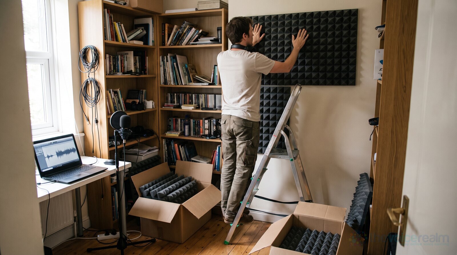 A voice actor fitting acoustic foam panels to the wall of his spare room studio © The Voice Realm