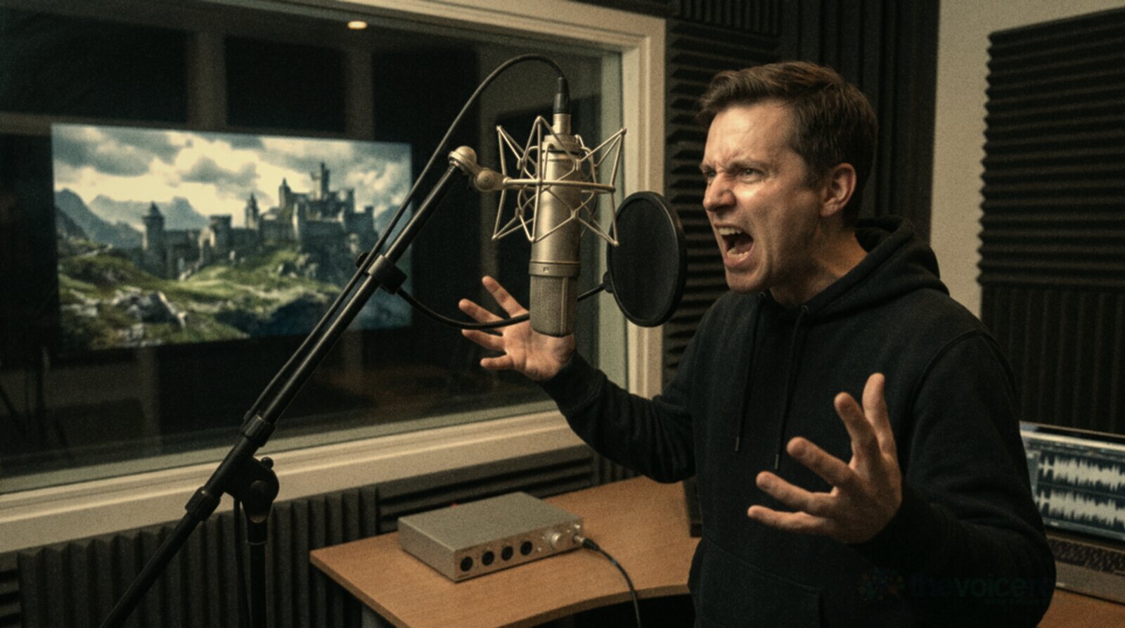 A voice actor performing an intense line for a fantasy video game in a recording booth © The Voice Realm