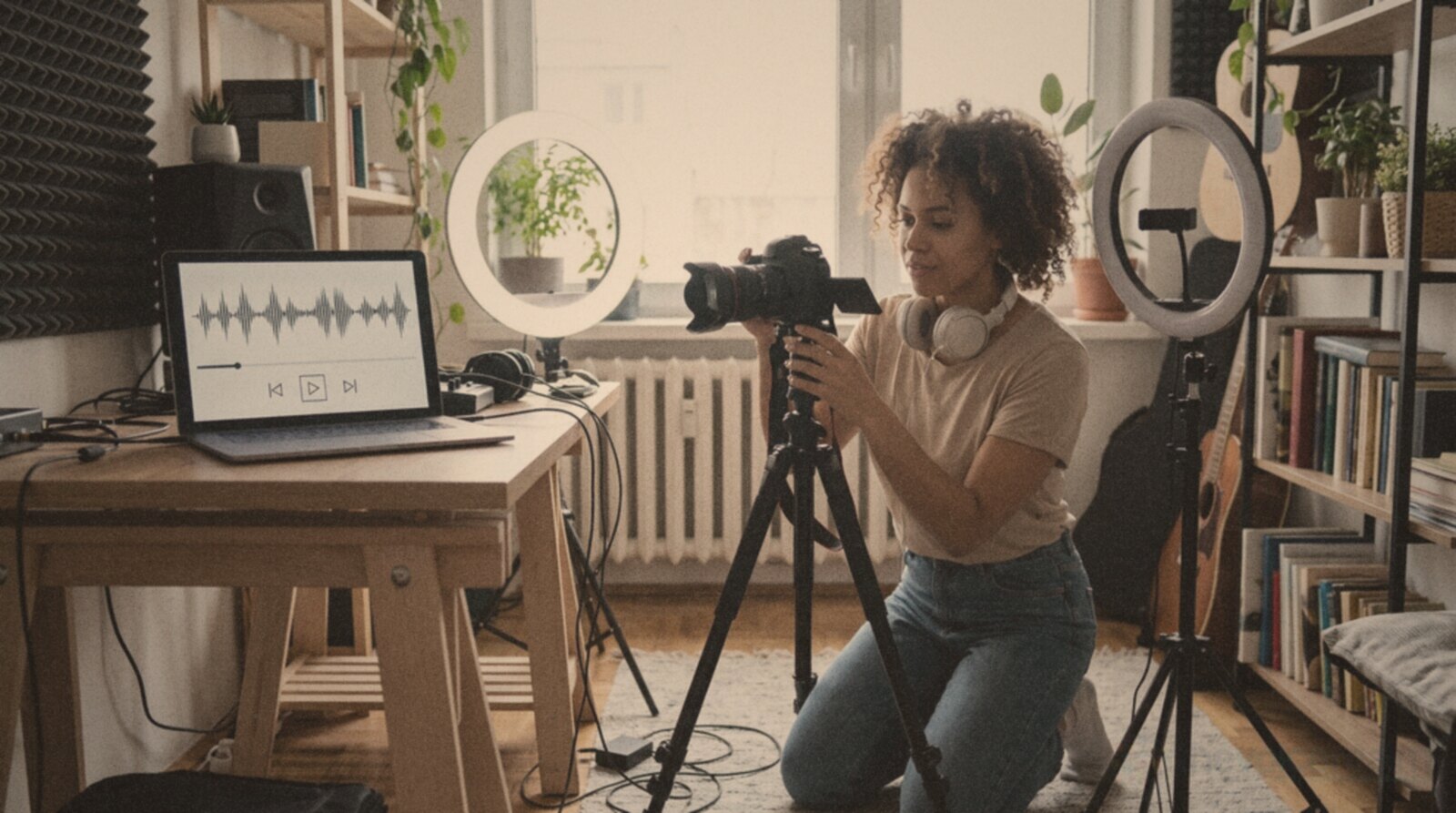 A voice actor setting up a camera and ring light to film a video in her home studio © The Voice Realm