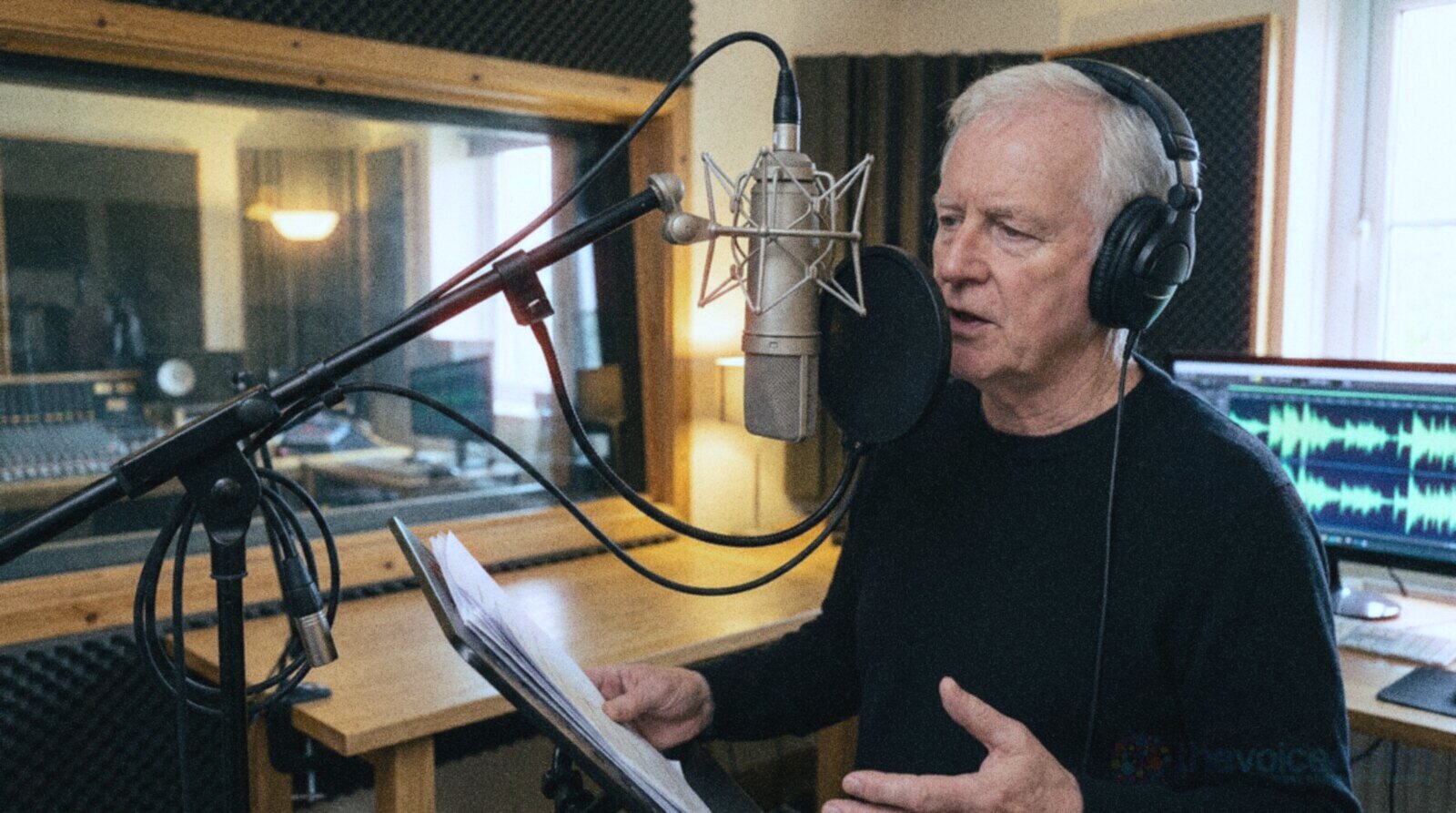An older British voice actor with white hair recording a narration in a professional booth © The Voice Realm