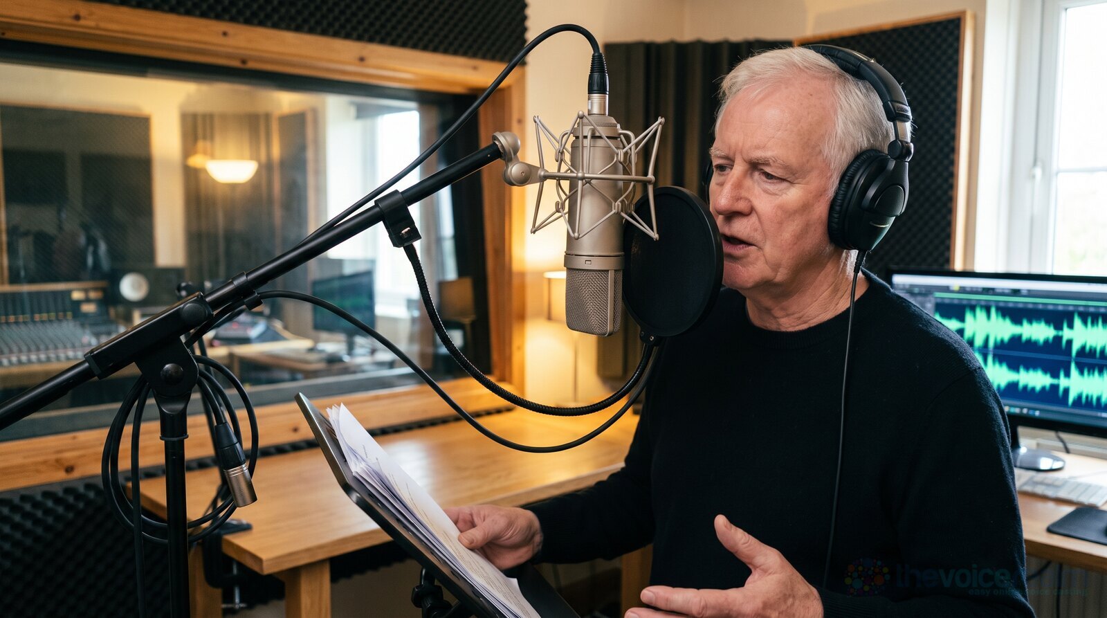 An older British voice actor with white hair recording a narration in a professional booth © The Voice Realm