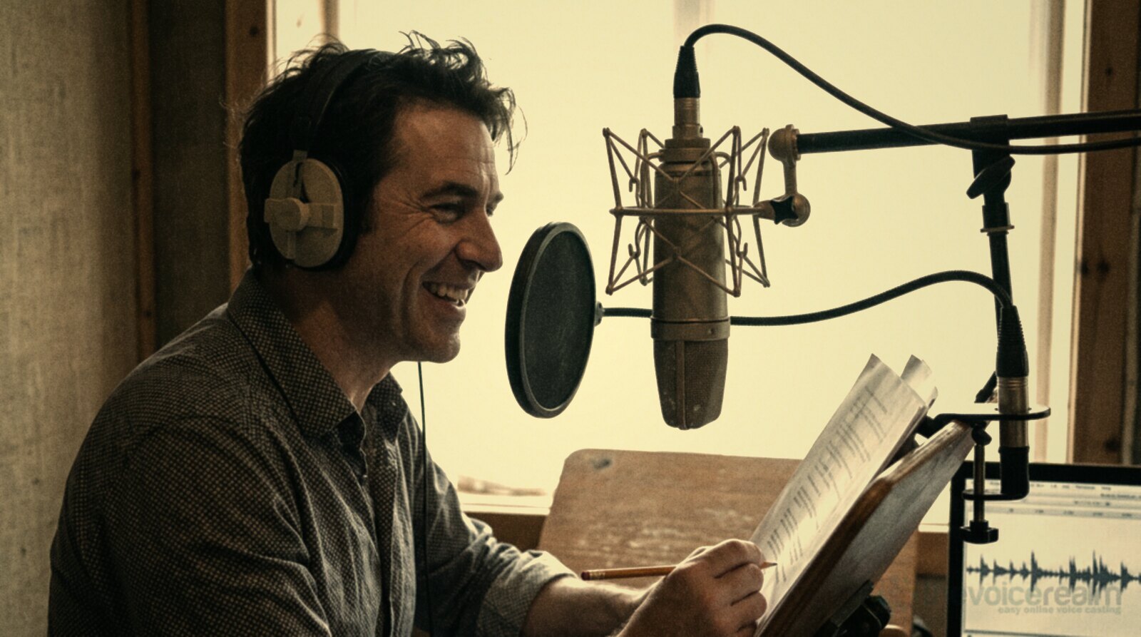 A narrator grinning as he records a playful narration in a professional booth © The Voice Realm