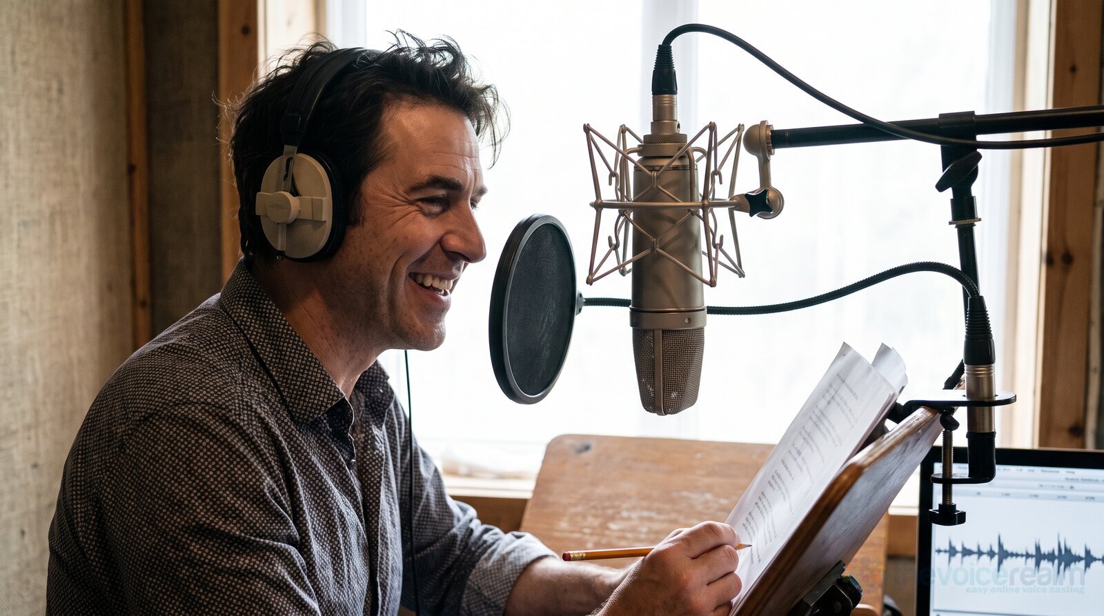 A narrator grinning as he records a playful narration in a professional booth © The Voice Realm