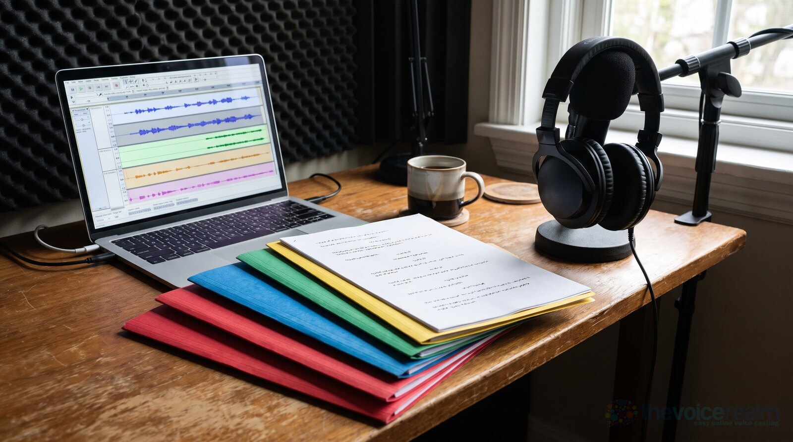 A tidy desk with scripts in coloured folders and a laptop full of audio tracks © The Voice Realm
