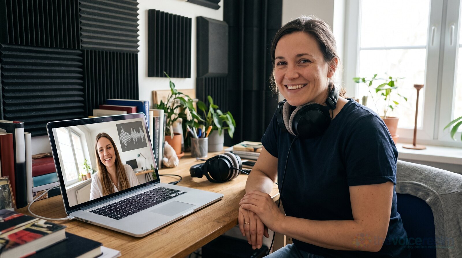 A voice actor on a friendly video call with a client from her home office © The Voice Realm