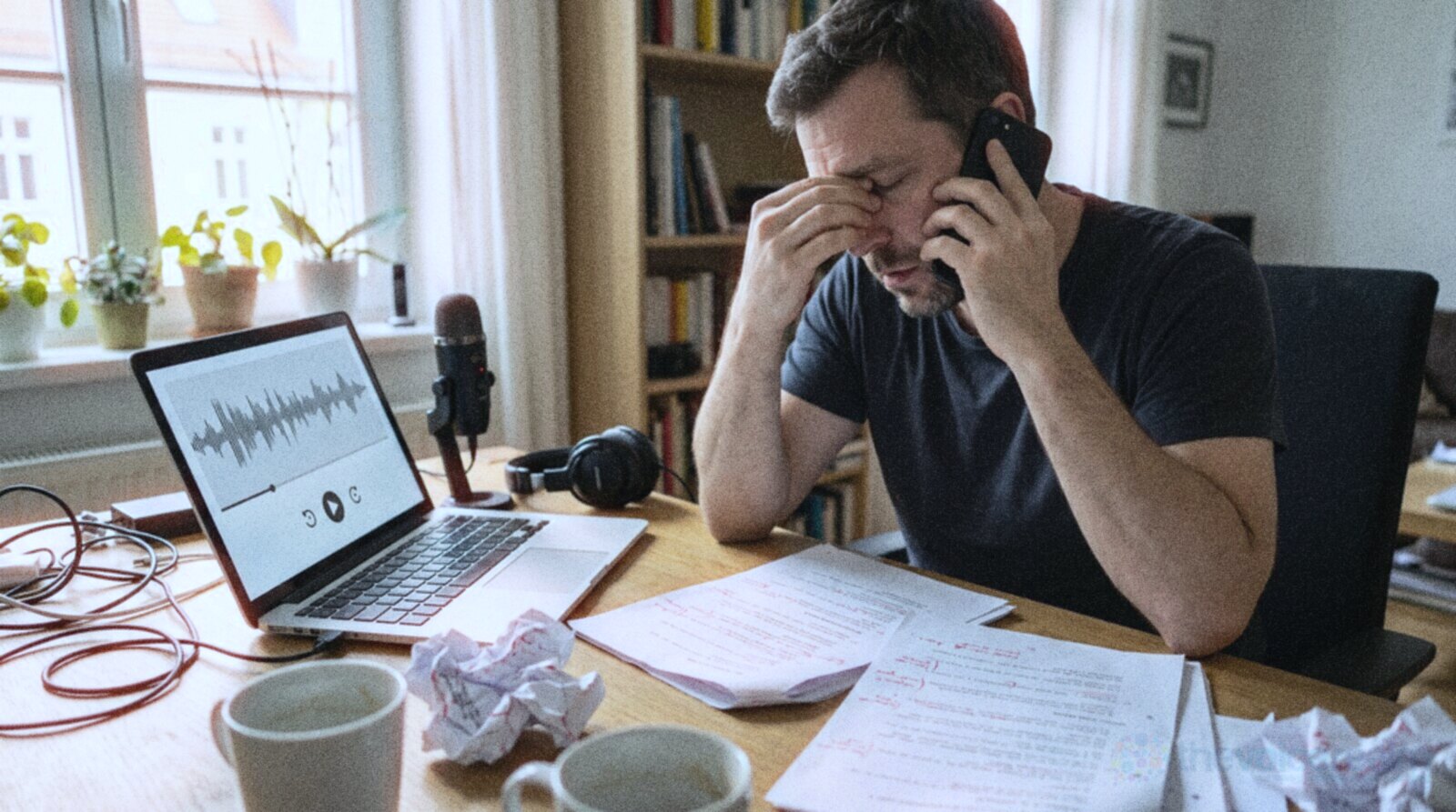A stressed voice actor on the phone at a desk strewn with crumpled script pages © The Voice Realm