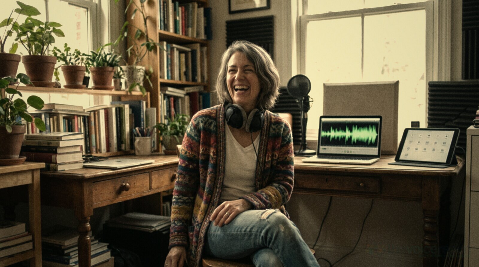 A voice actor laughing in her colourful home studio full of plants and books © The Voice Realm