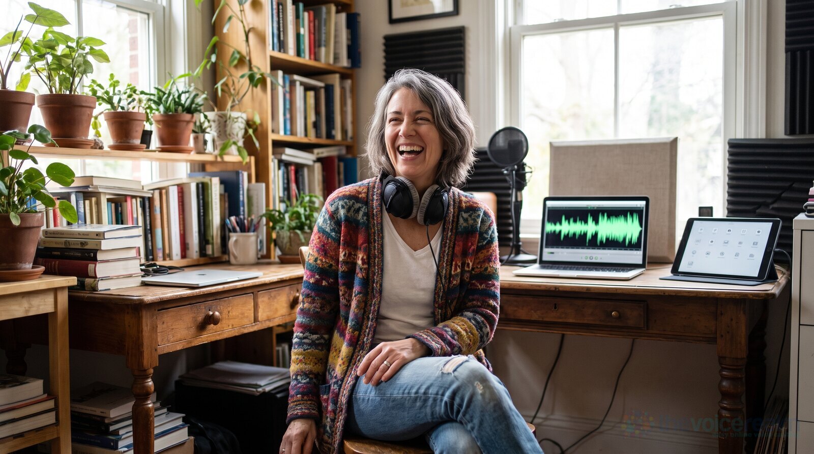 A voice actor laughing in her colourful home studio full of plants and books © The Voice Realm
