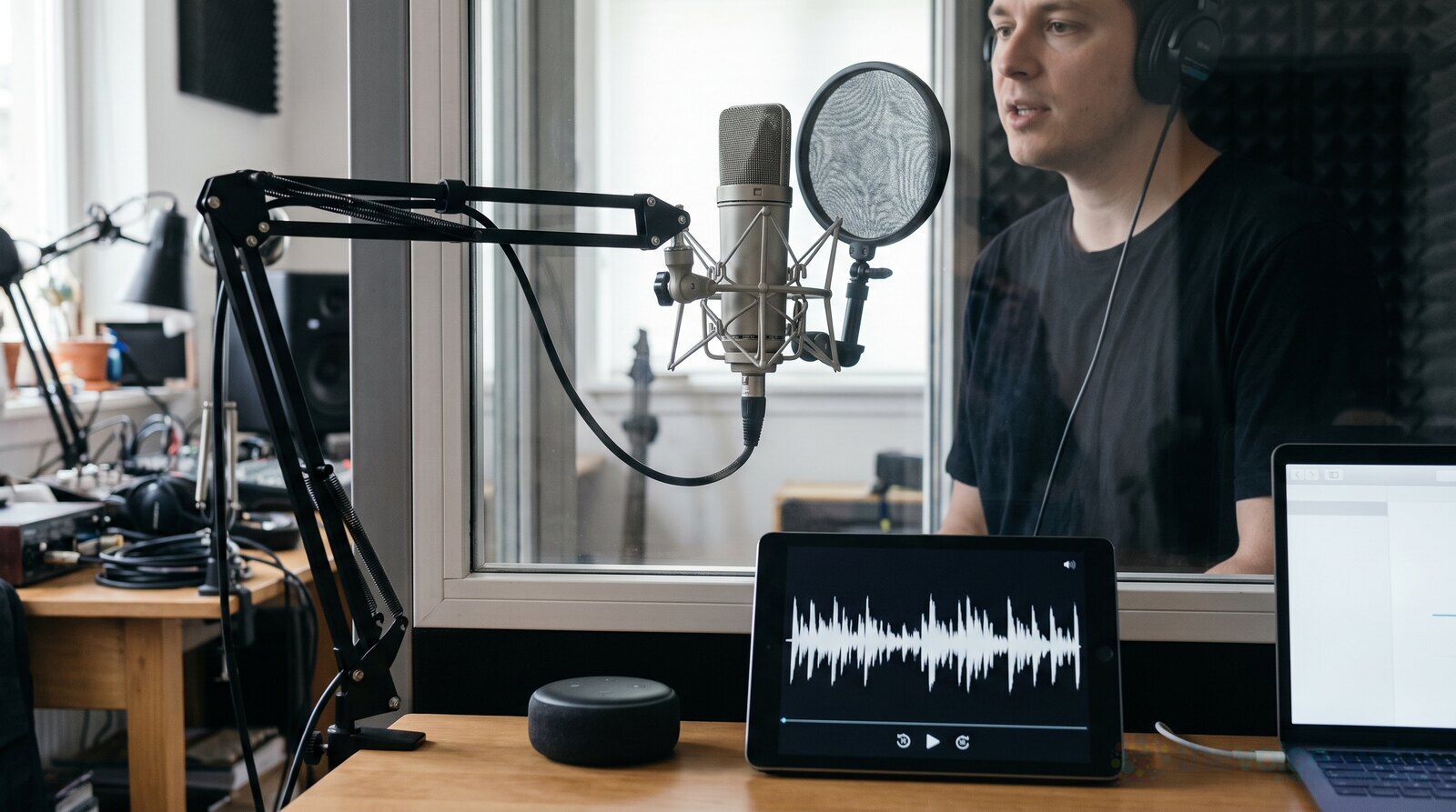 A voice actor recording short lines for a smart speaker assistant in a booth © The Voice Realm