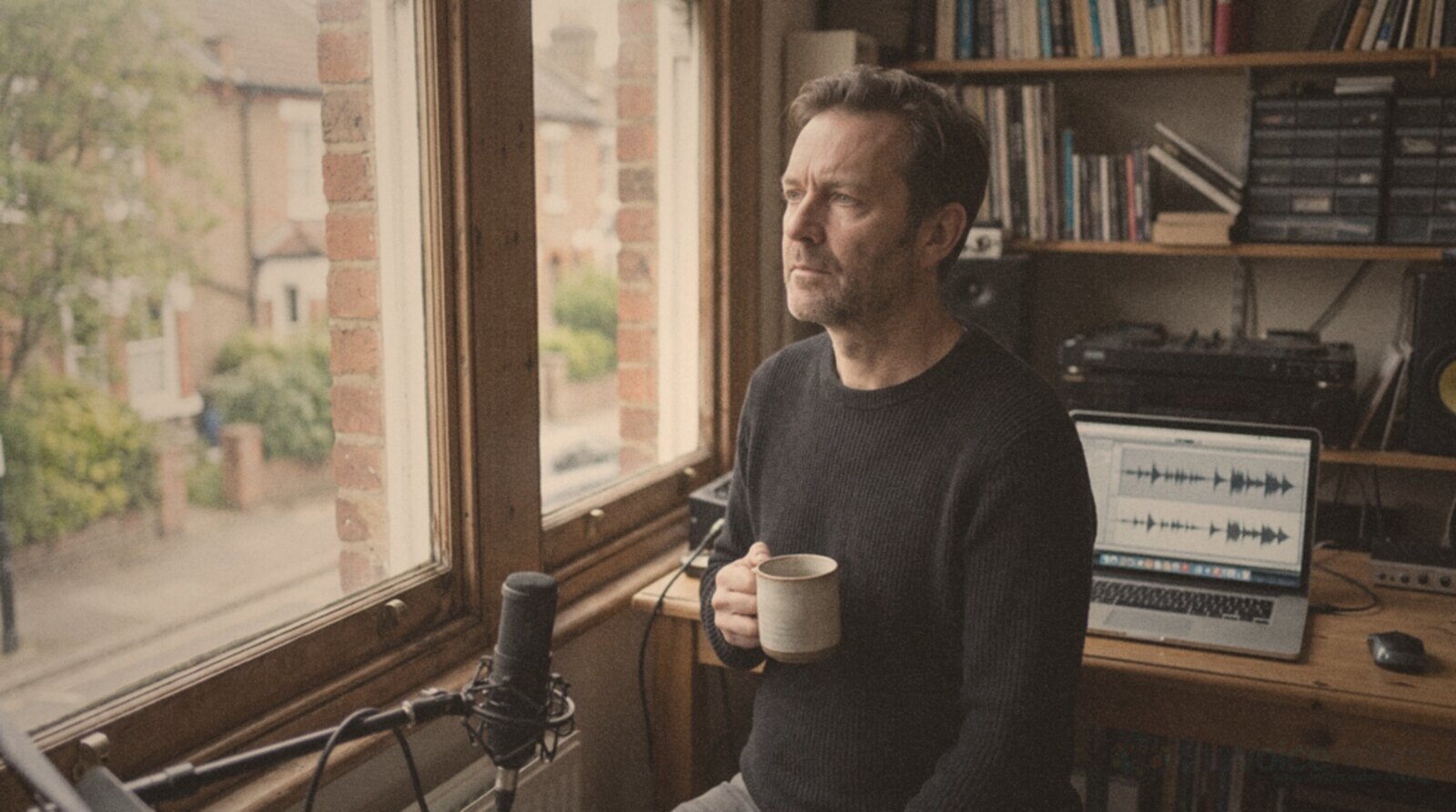 A voice actor with a coffee looking out of the window of his home studio © The Voice Realm