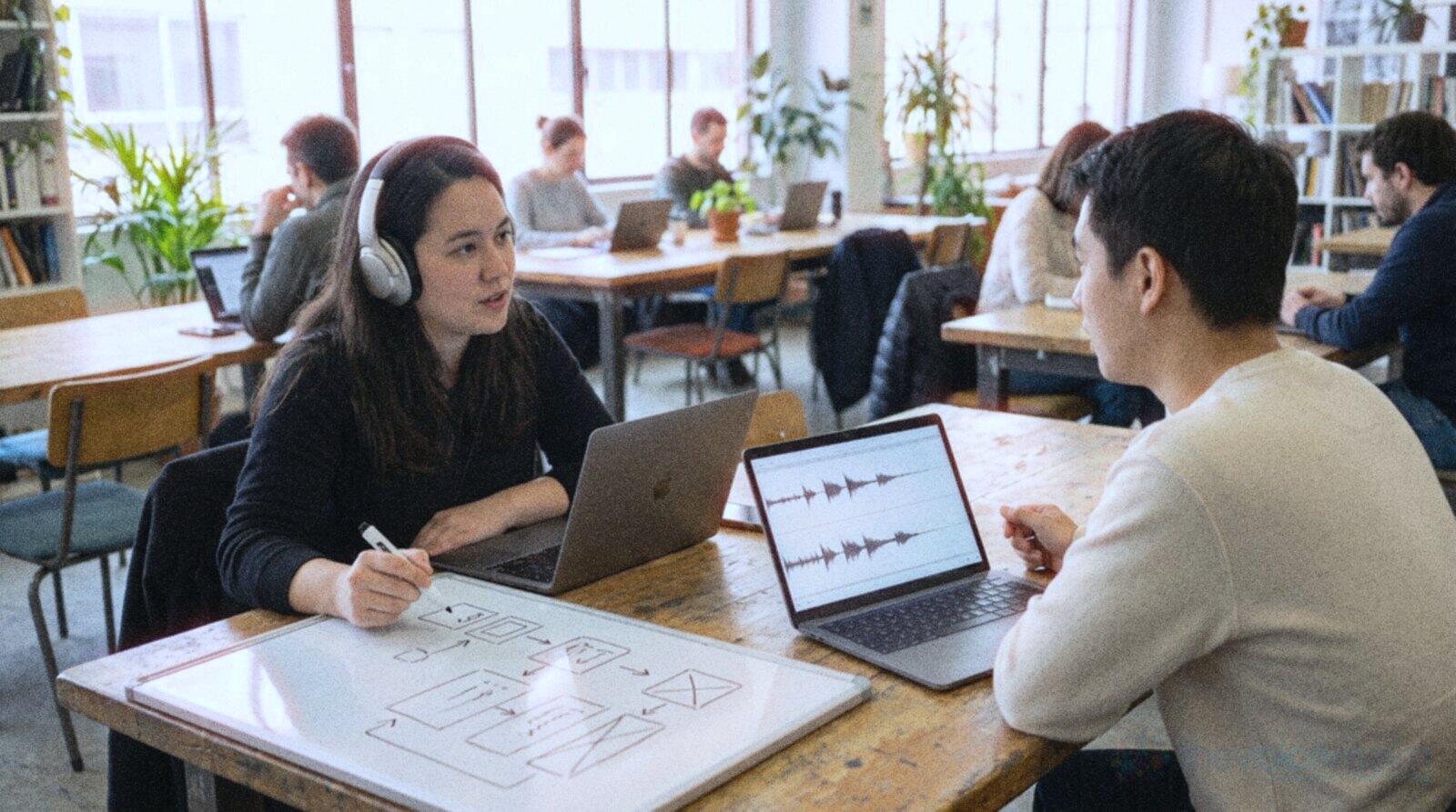 Two people planning a marketing strategy at a cafe table with laptops and a sketch pad © The Voice Realm