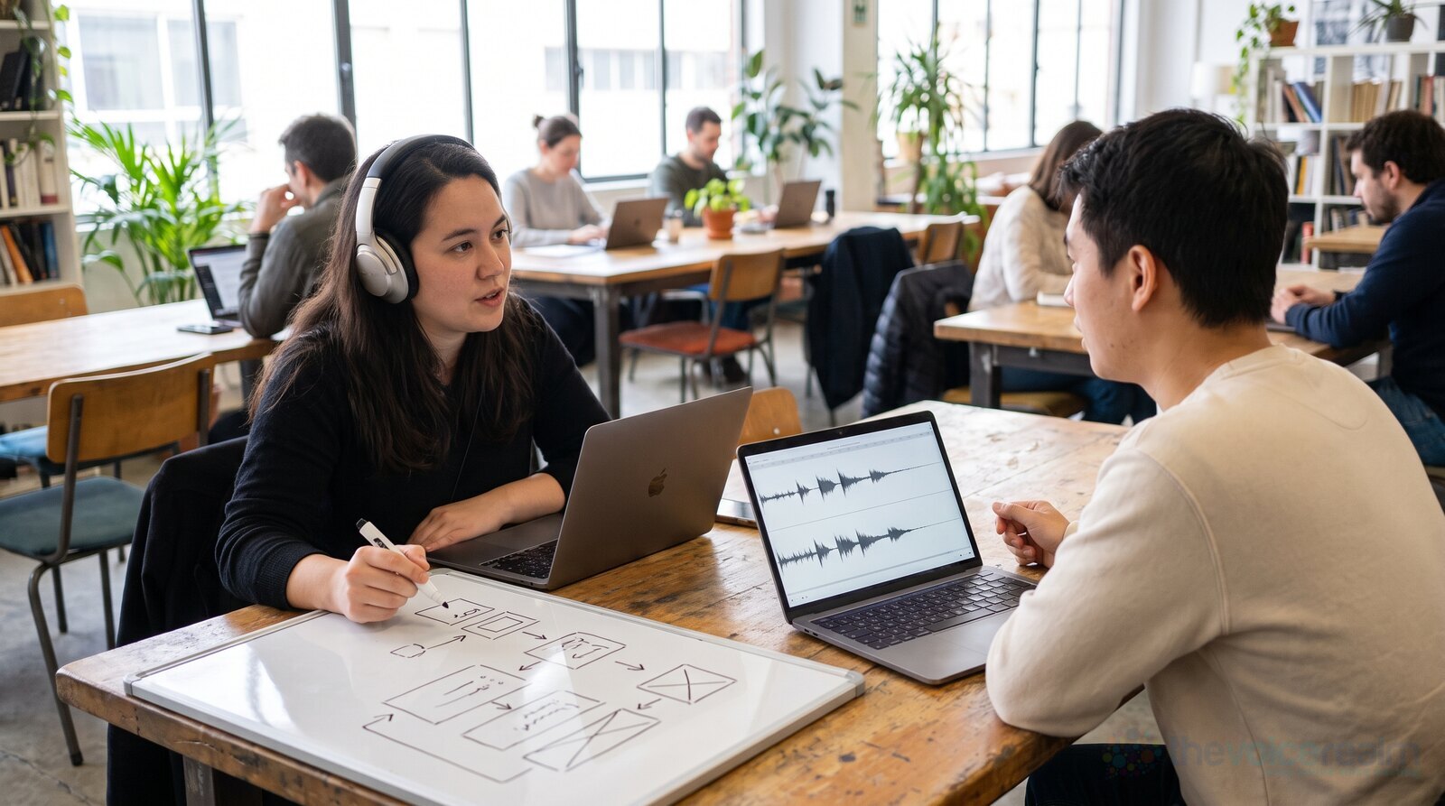 Two people planning a marketing strategy at a cafe table with laptops and a sketch pad © The Voice Realm