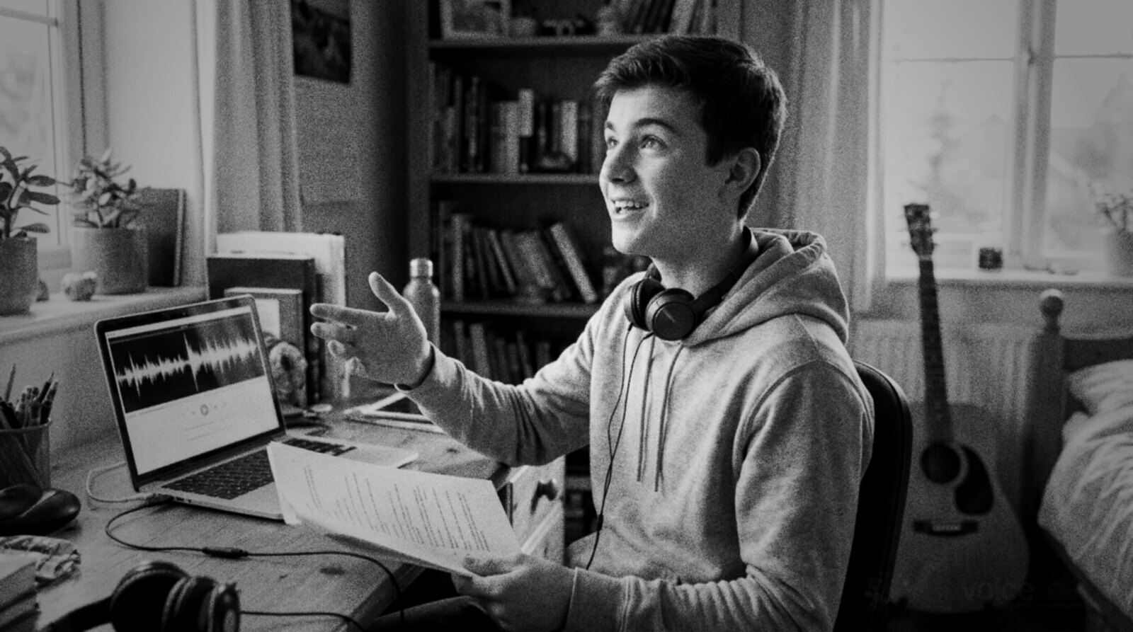 A teenager reading a script aloud with enthusiasm at his bedroom desk © The Voice Realm