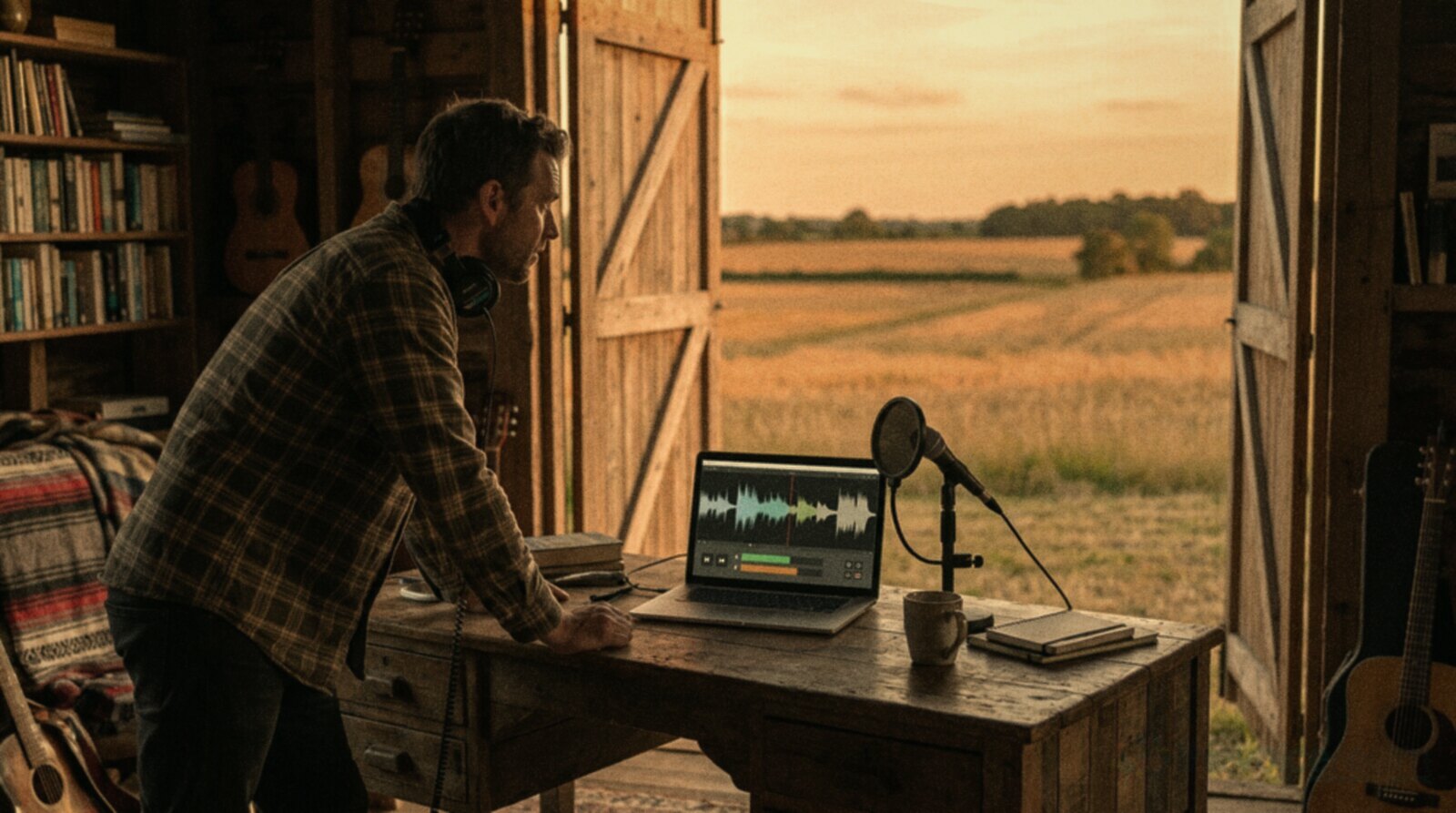 A voice actor in a converted barn studio with the doors open to golden fields at sunset © The Voice Realm