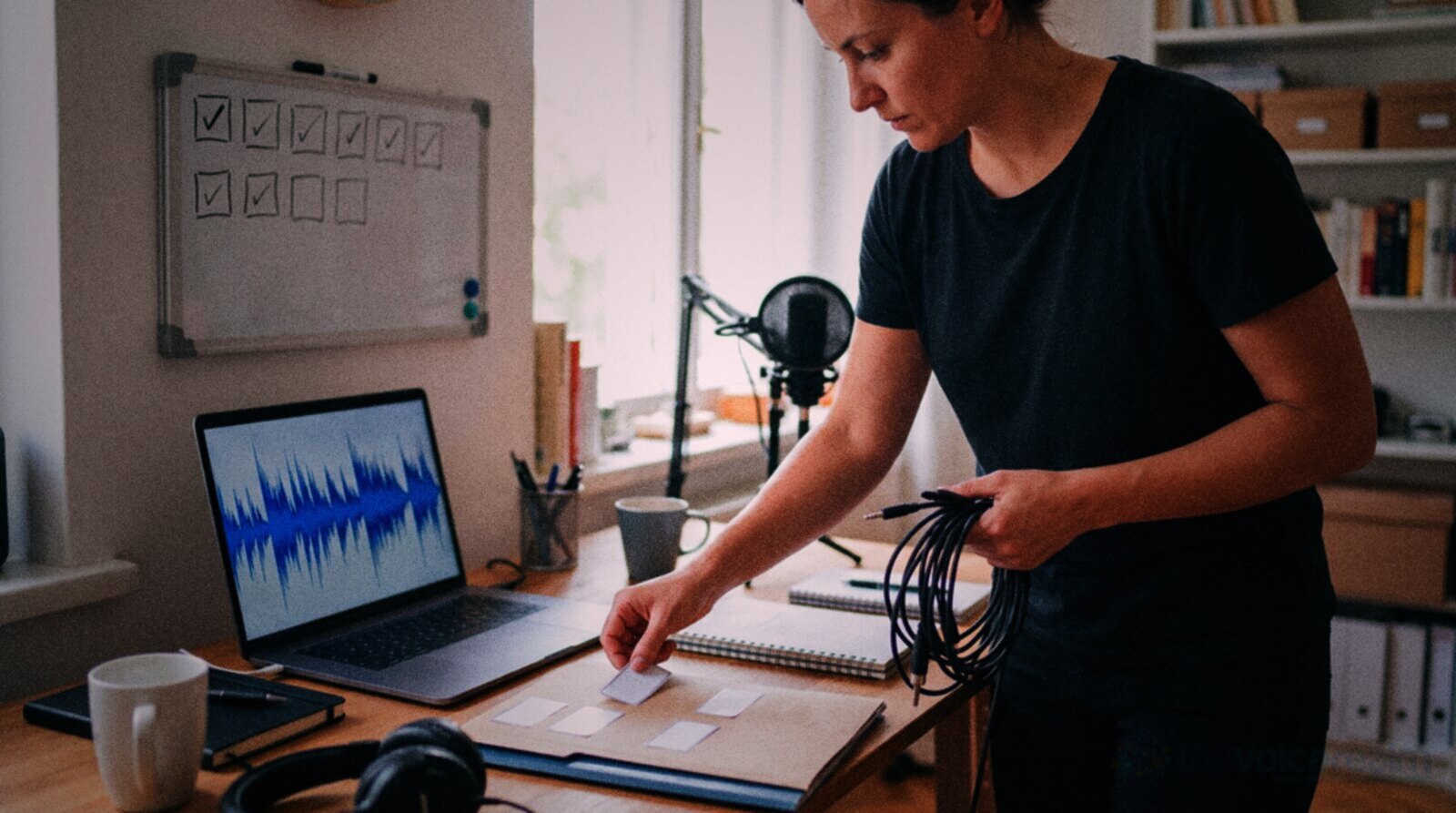 A voice actor tidying cables and labelling folders in her home studio © The Voice Realm