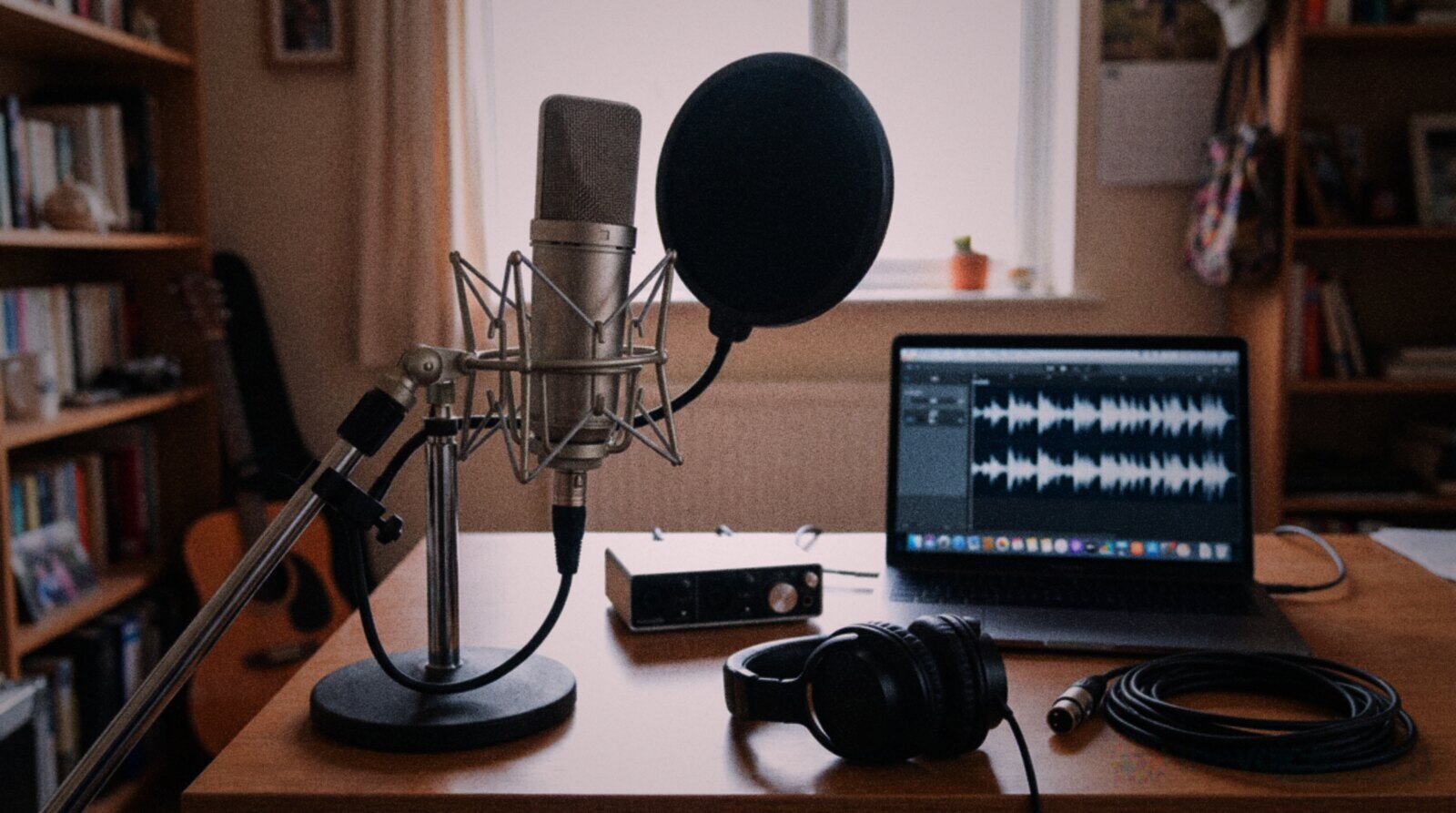 A beginner voice over kit on a desk: microphone, audio interface, headphones and laptop © The Voice Realm