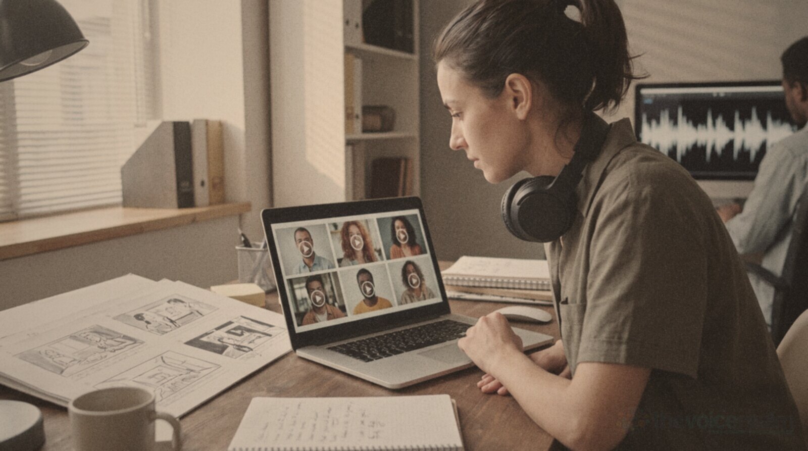 A video producer browsing voice actor profiles on a laptop © The Voice Realm