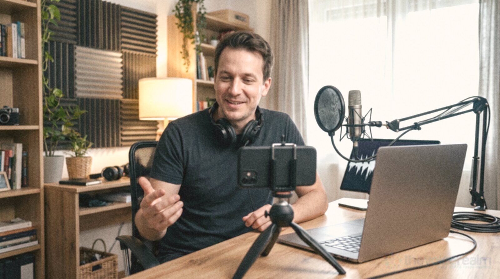 A voice actor recording a short, modest update video on a phone in his home studio © The Voice Realm