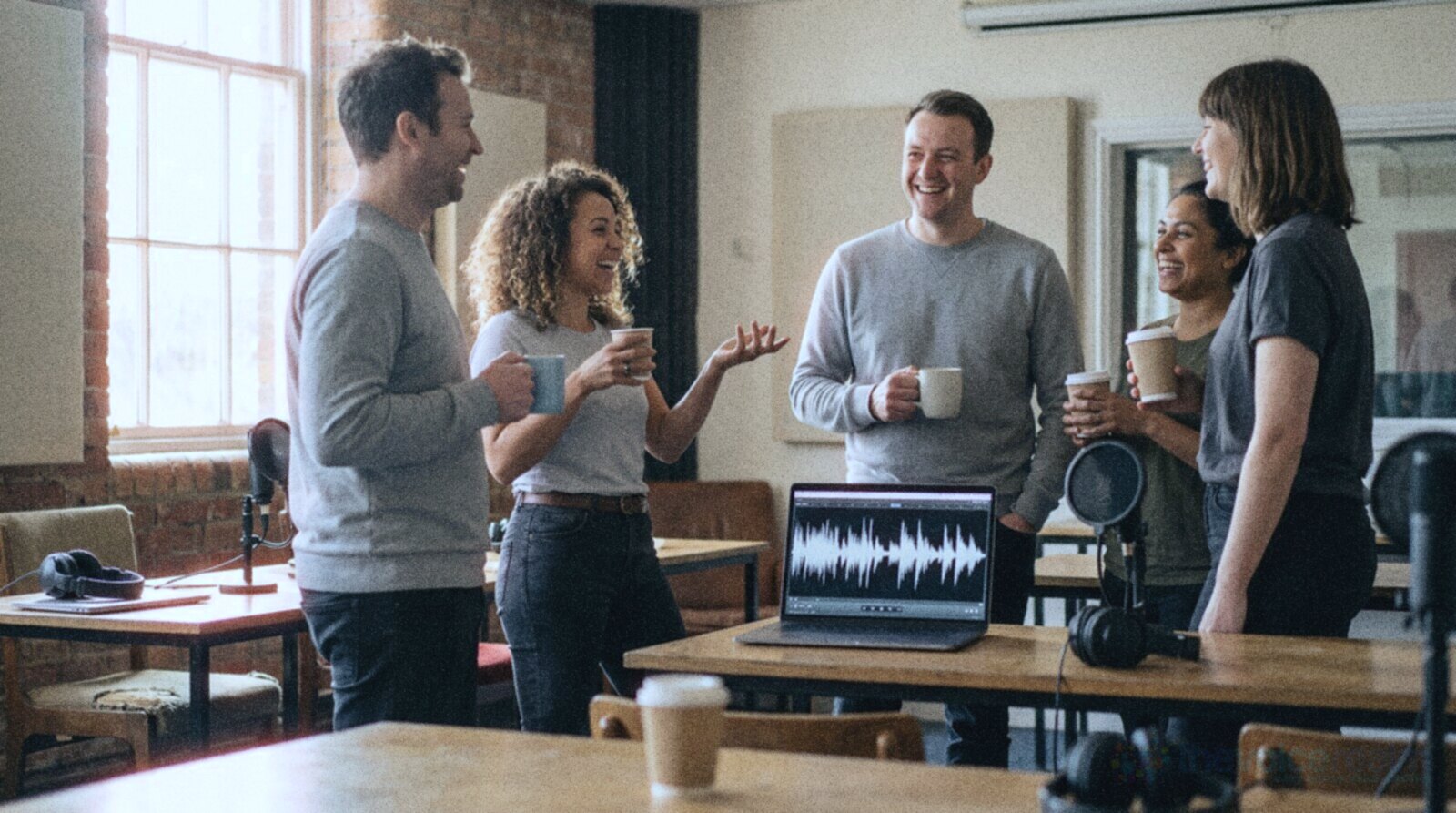 Voice actors chatting and laughing over coffee at a workshop break © The Voice Realm
