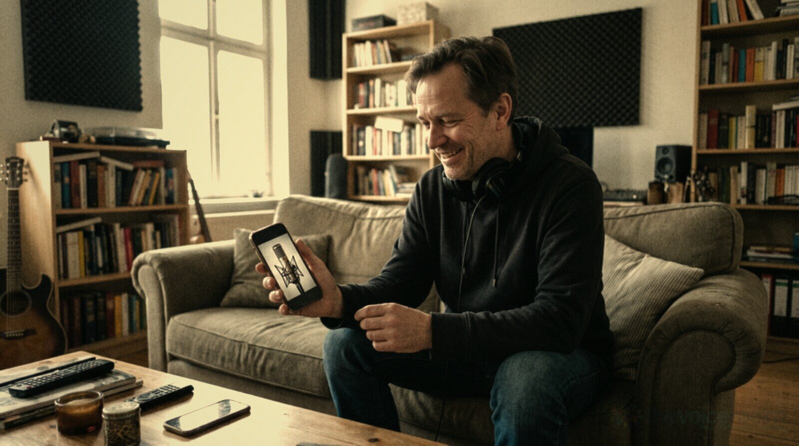 A voice actor on the sofa smiling at a post on his phone © The Voice Realm